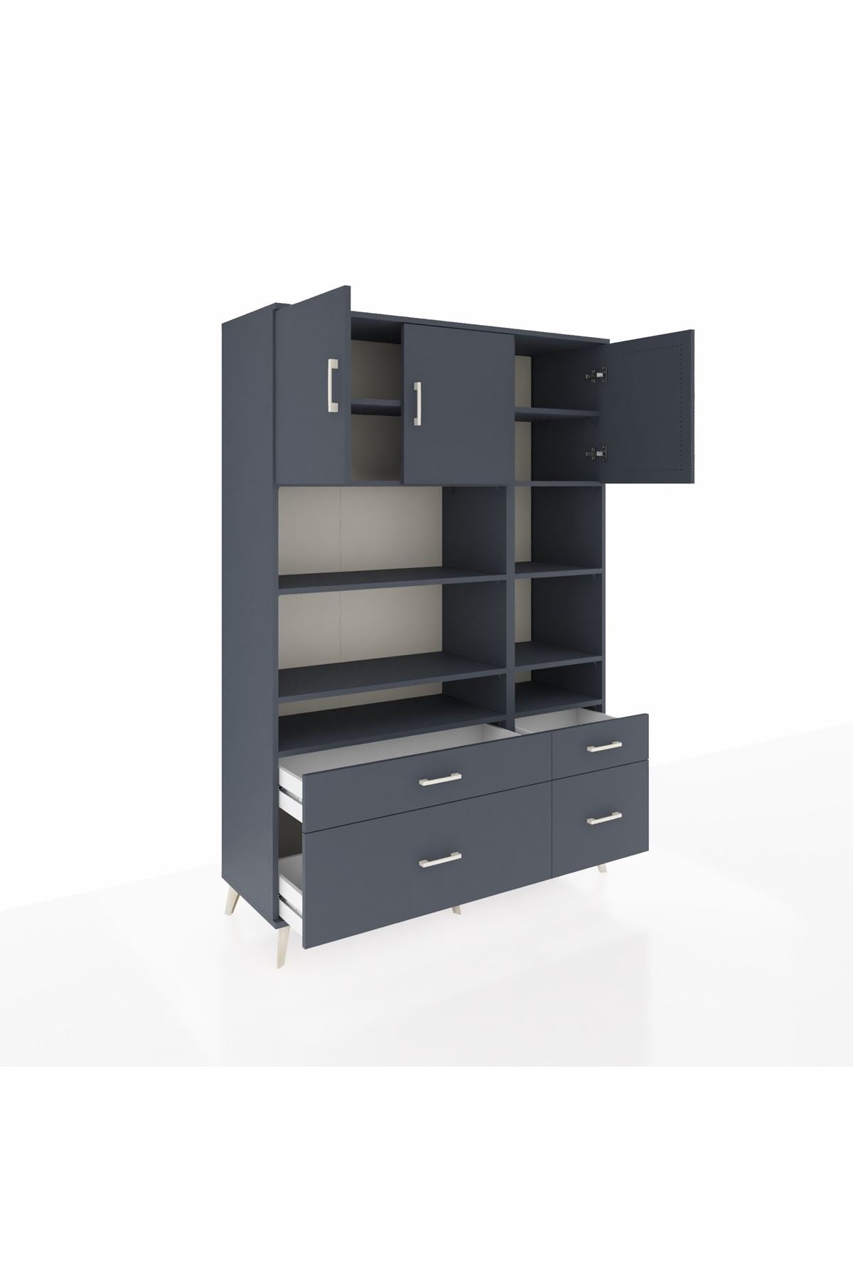 Hyperion Dolap 10 Raflı 4 Çekmeceli 3 Kapaklı 132x44x195 Antrasit-Antrasit/Antrasit