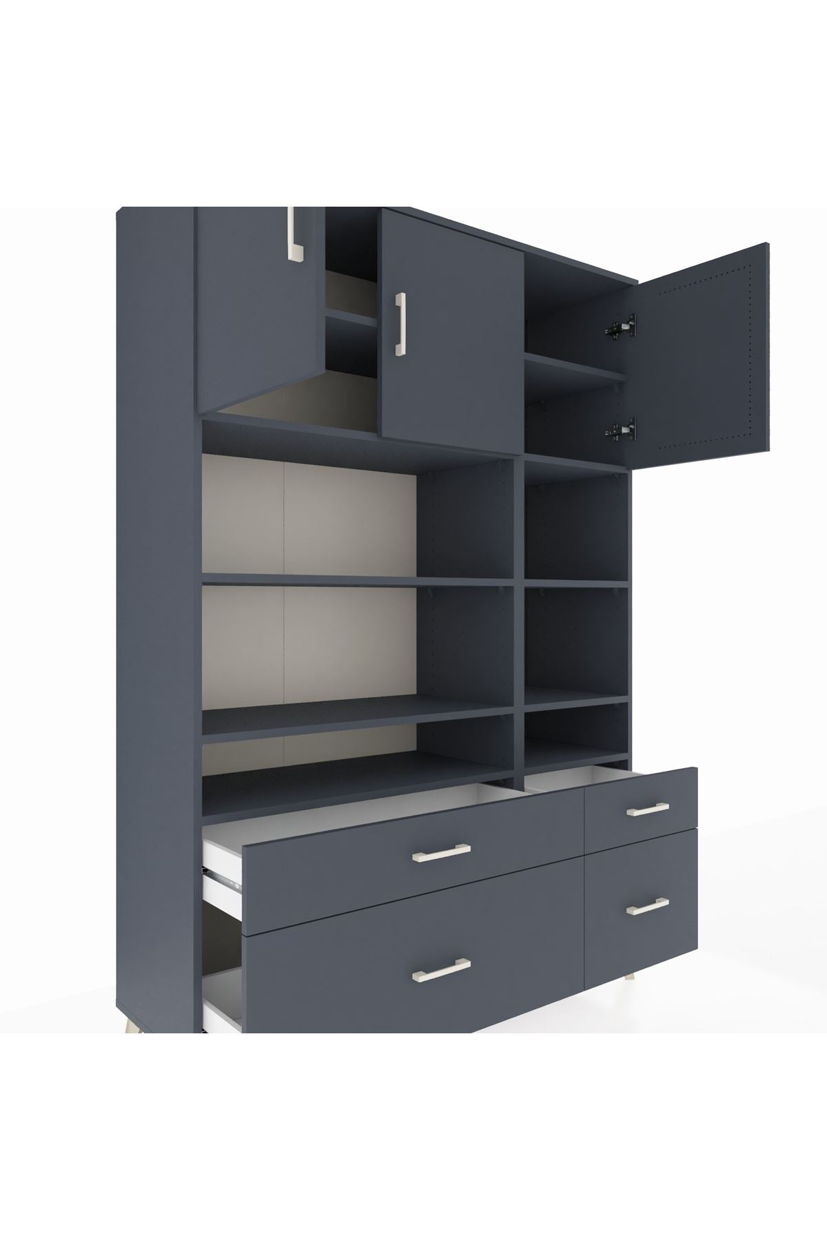 Hyperion Dolap 10 Raflı 4 Çekmeceli 3 Kapaklı 132x44x195 Antrasit-Antrasit/Antrasit
