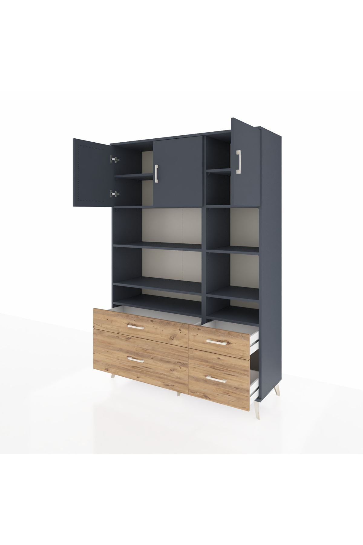 Hyperion Dolap 10 Raflı 4 Çekmeceli 3 Kapaklı 132x44x195 Antrasit-Antrasit/Çam