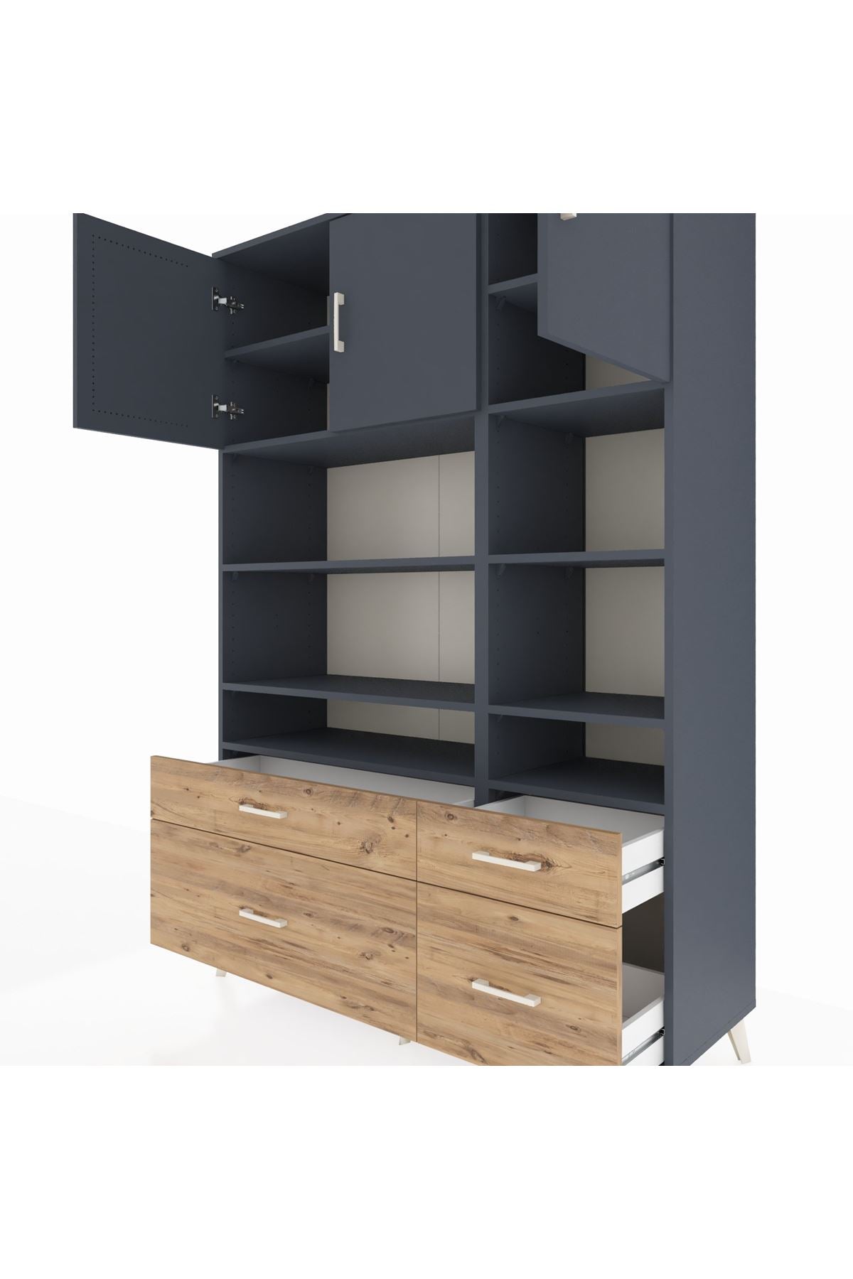 Hyperion Dolap 10 Raflı 4 Çekmeceli 3 Kapaklı 132x44x195 Antrasit-Antrasit/Çam