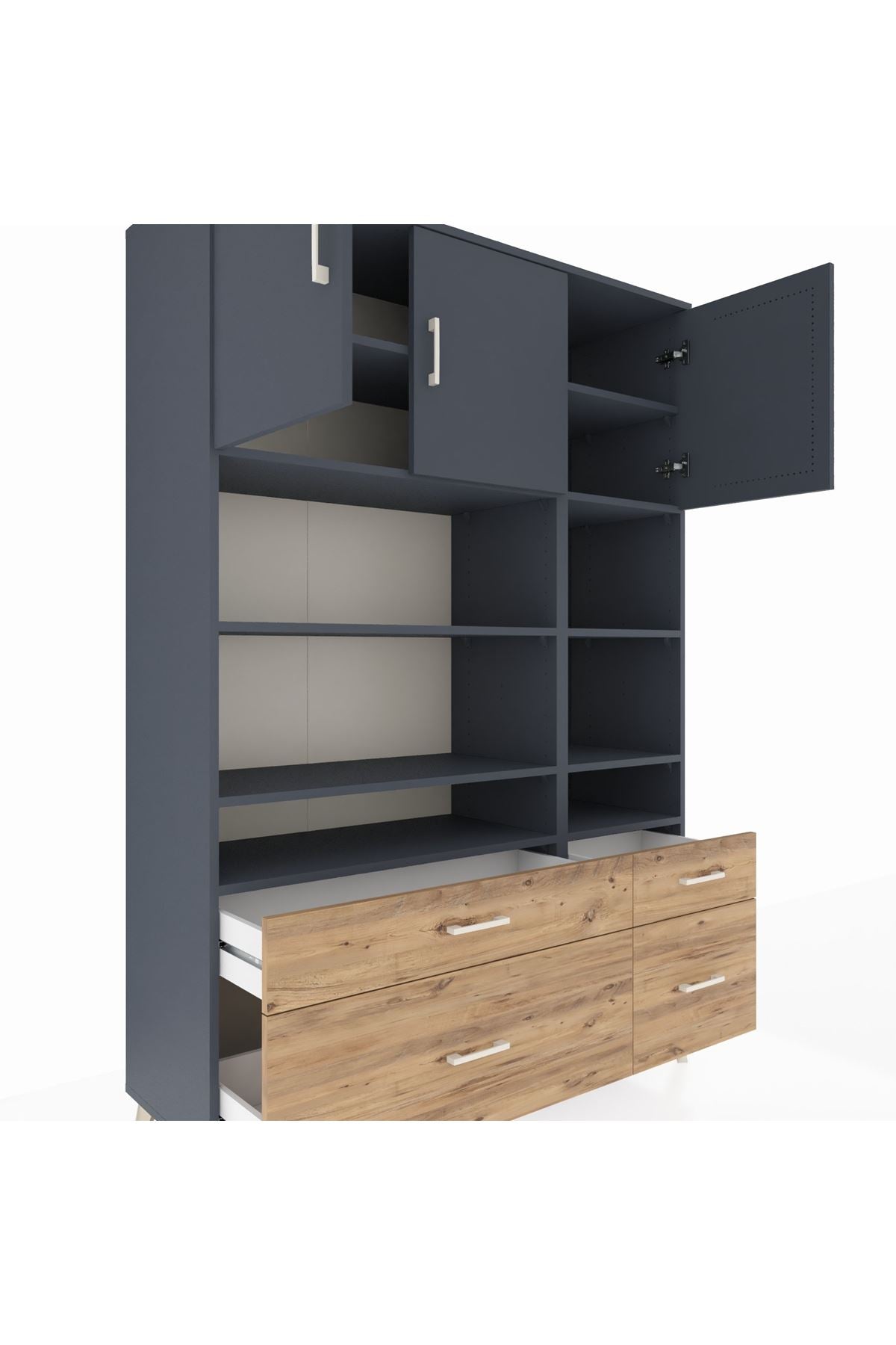 Hyperion Dolap 10 Raflı 4 Çekmeceli 3 Kapaklı 132x44x195 Antrasit-Antrasit/Çam