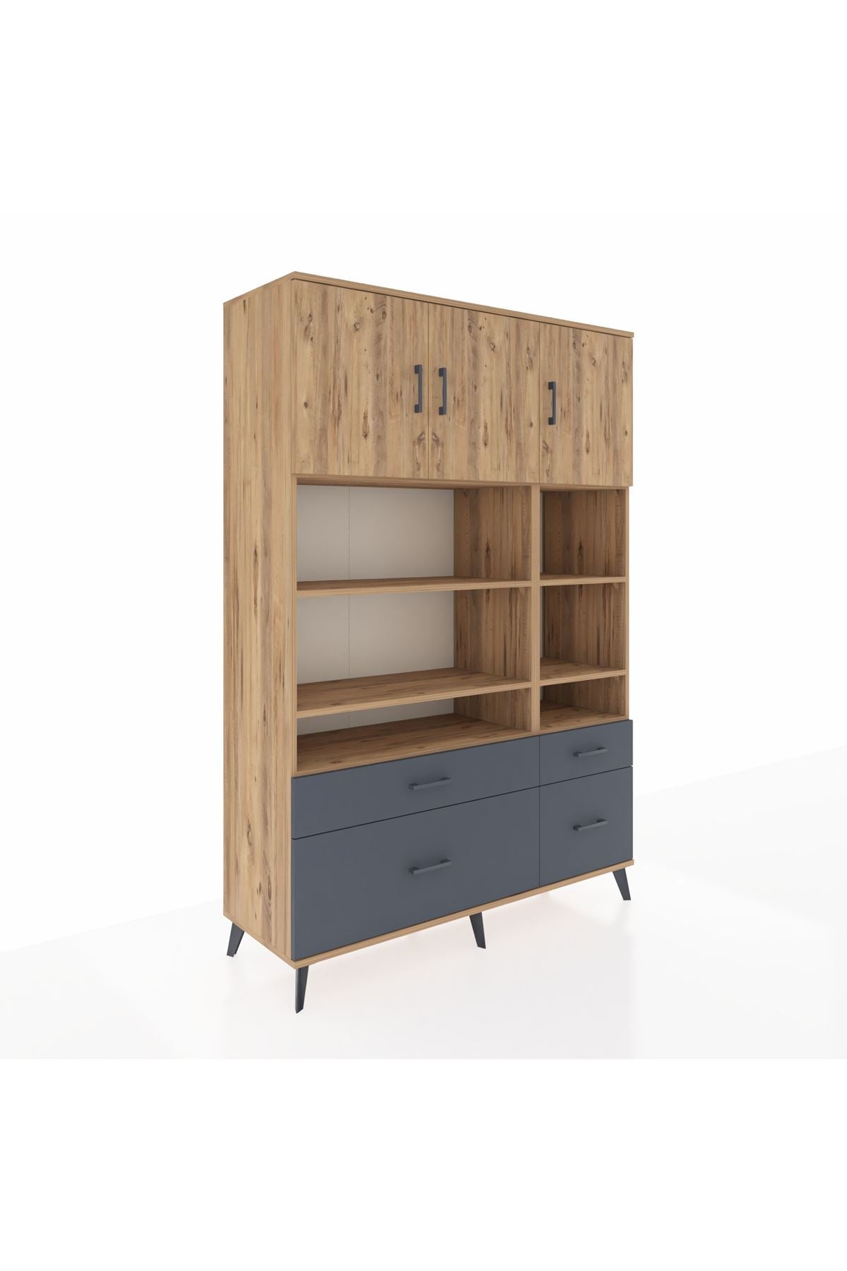 Hyperion Dolap 10 Raflı 4 Çekmeceli 3 Kapaklı 132x44x195 Çam-Çam/Antrasit