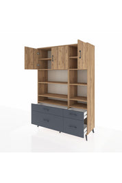 Hyperion Dolap 10 Raflı 4 Çekmeceli 3 Kapaklı 132x44x195 Çam-Çam/Antrasit