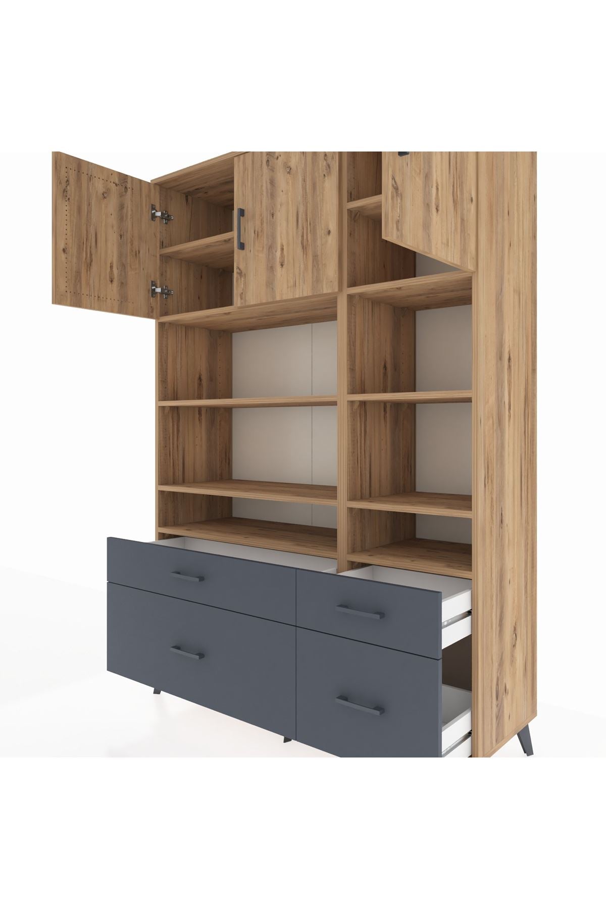 Hyperion Dolap 10 Raflı 4 Çekmeceli 3 Kapaklı 132x44x195 Çam-Çam/Antrasit
