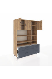 Hyperion Dolap 10 Raflı 4 Çekmeceli 3 Kapaklı 132x44x195 Çam-Çam/Antrasit