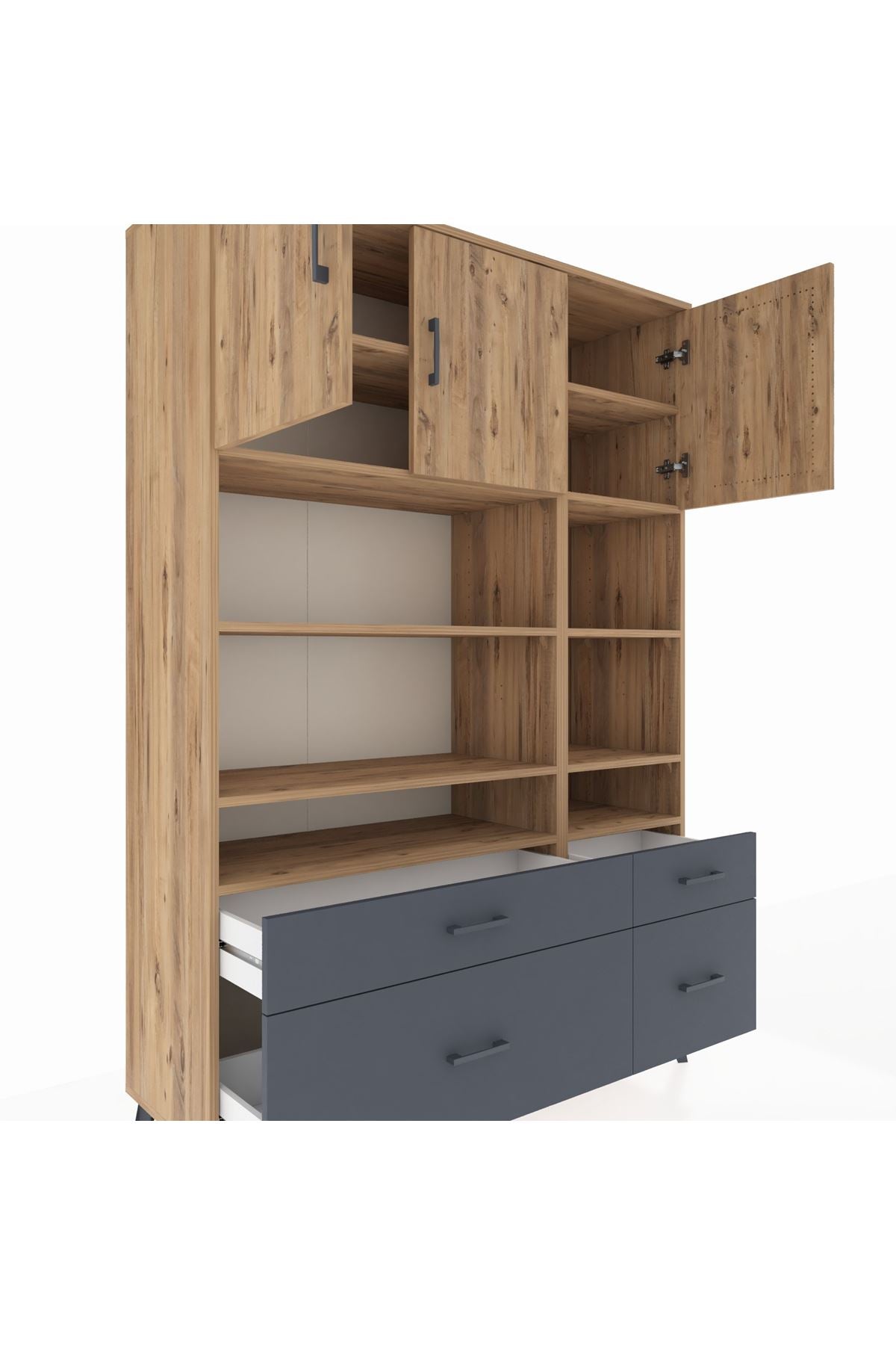 Hyperion Dolap 10 Raflı 4 Çekmeceli 3 Kapaklı 132x44x195 Çam-Çam/Antrasit