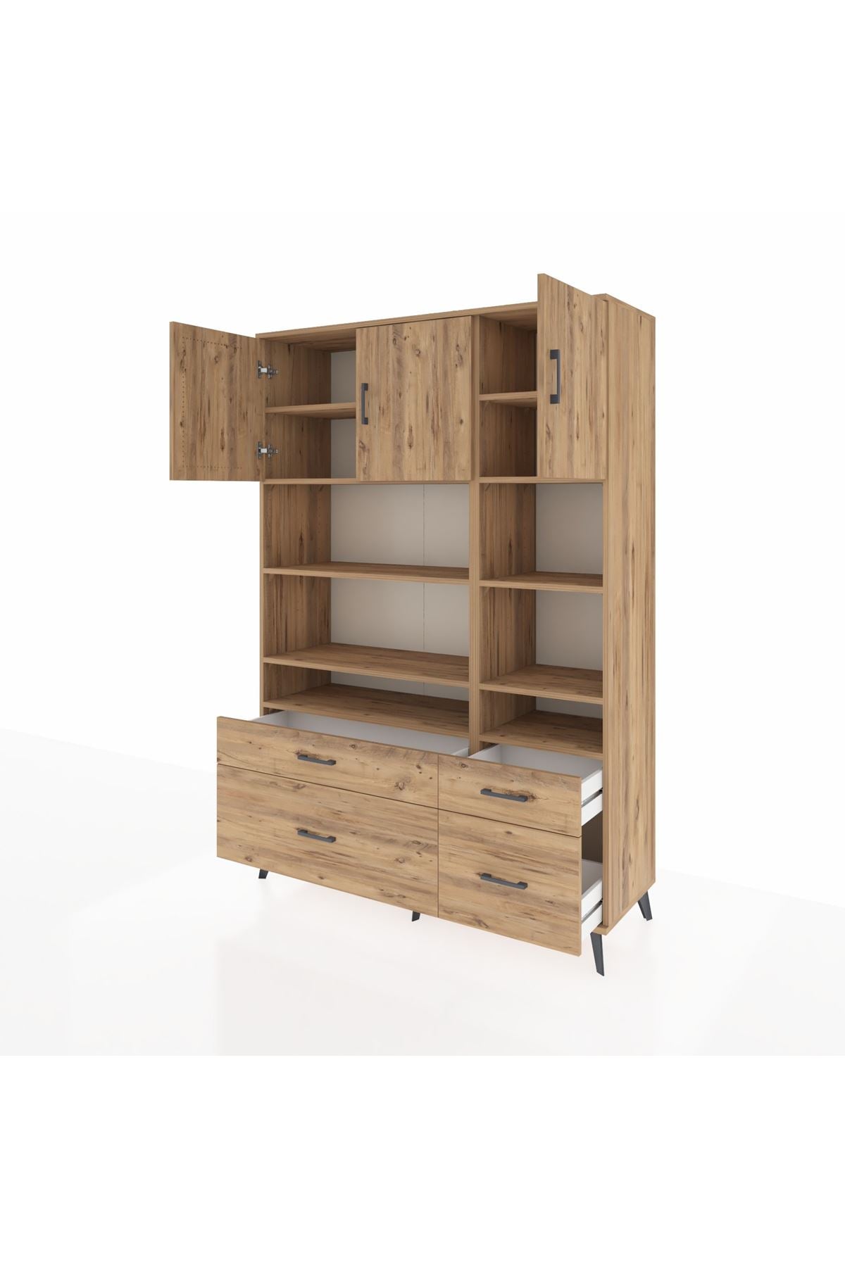 Hyperion Dolap 10 Raflı 4 Çekmeceli 3 Kapaklı 132x44x195 Çam-Çam/Çam