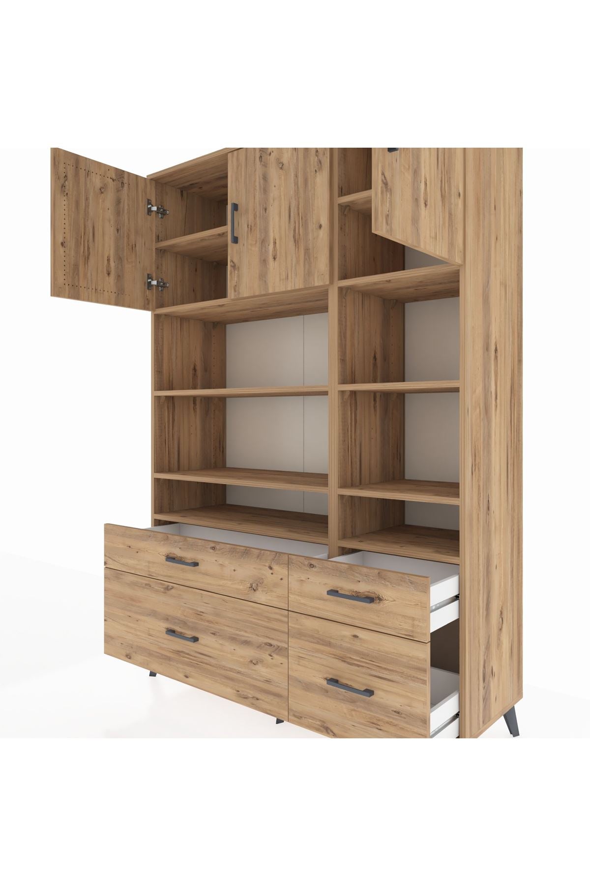 Hyperion Dolap 10 Raflı 4 Çekmeceli 3 Kapaklı 132x44x195 Çam-Çam/Çam