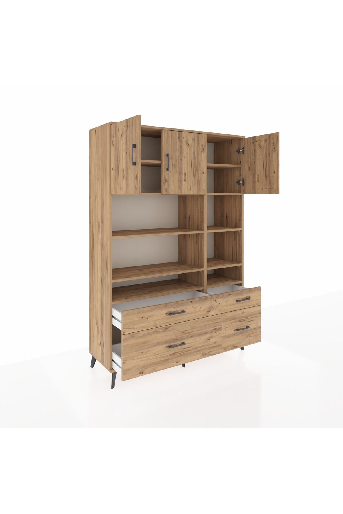 Hyperion Dolap 10 Raflı 4 Çekmeceli 3 Kapaklı 132x44x195 Çam-Çam/Çam