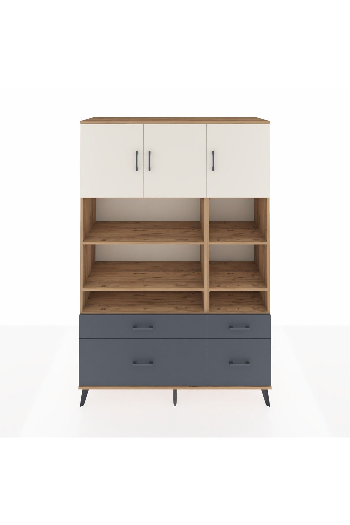 Hyperion Dolap 10 Raflı 4 Çekmeceli 3 Kapaklı 132x44x195 Çam-Aytaşı/Antrasit