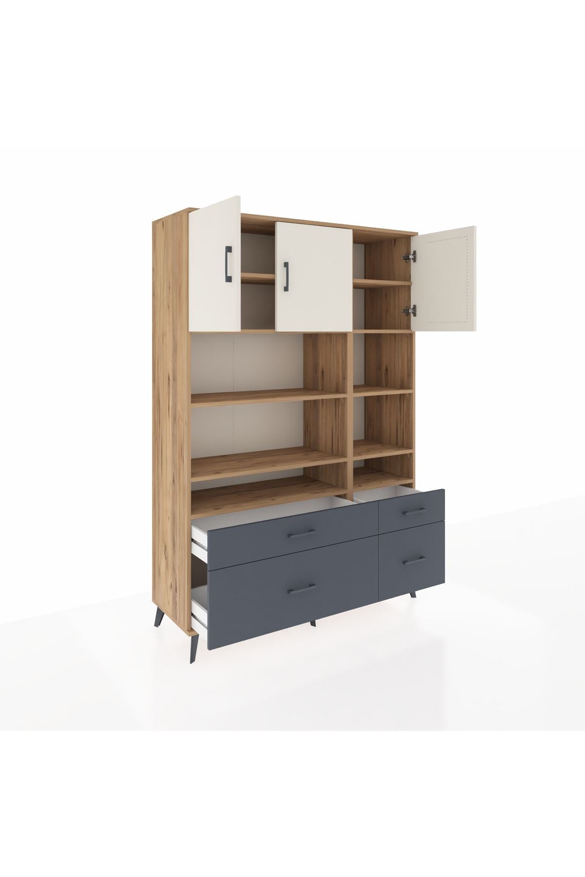 Hyperion Dolap 10 Raflı 4 Çekmeceli 3 Kapaklı 132x44x195 Çam-Aytaşı/Antrasit
