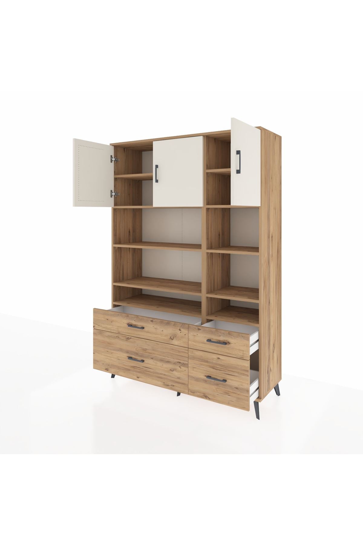 Hyperion Dolap 10 Raflı 4 Çekmeceli 3 Kapaklı 132x44x195 Çam-Aytaşı/Çam