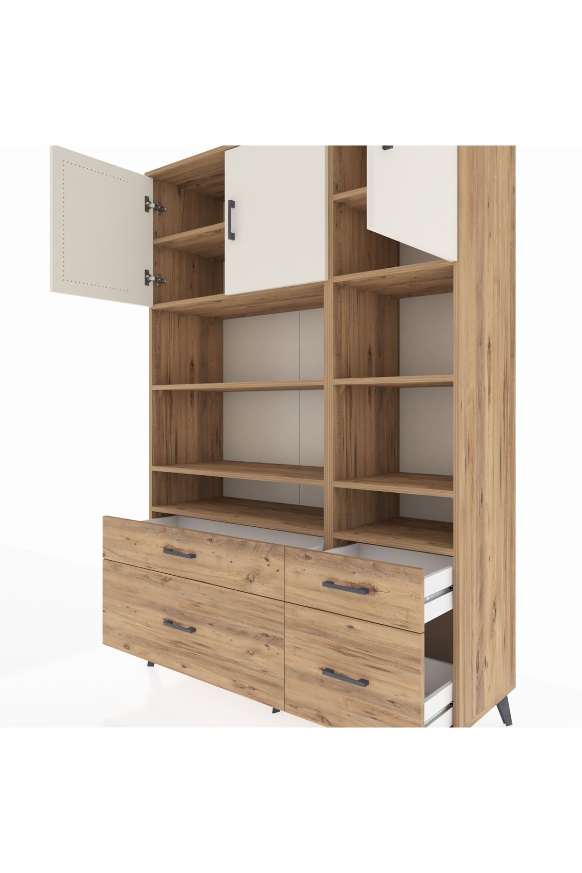 Hyperion Dolap 10 Raflı 4 Çekmeceli 3 Kapaklı 132x44x195 Çam-Aytaşı/Çam