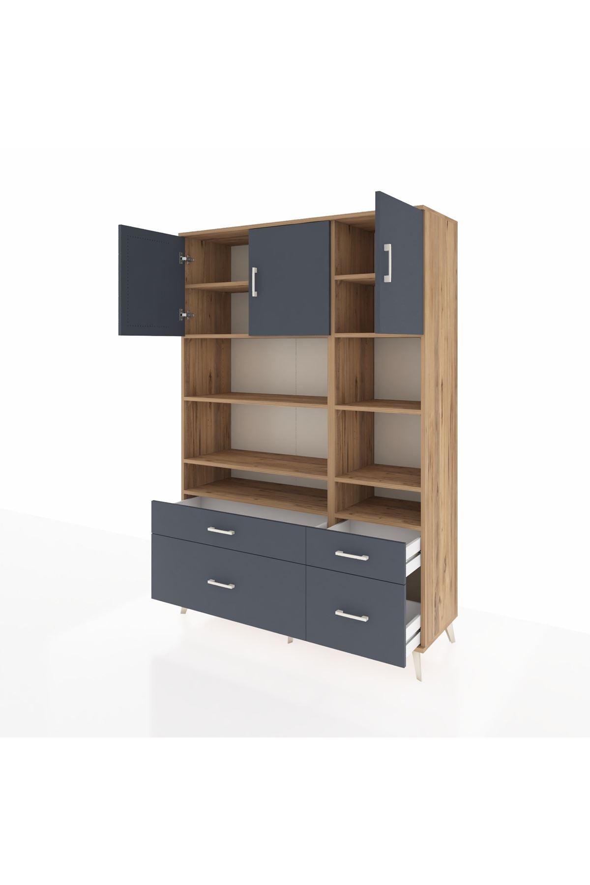 Hyperion Dolap 10 Raflı 4 Çekmeceli 3 Kapaklı 132x44x195 Çam-Antrasit/Antrasit