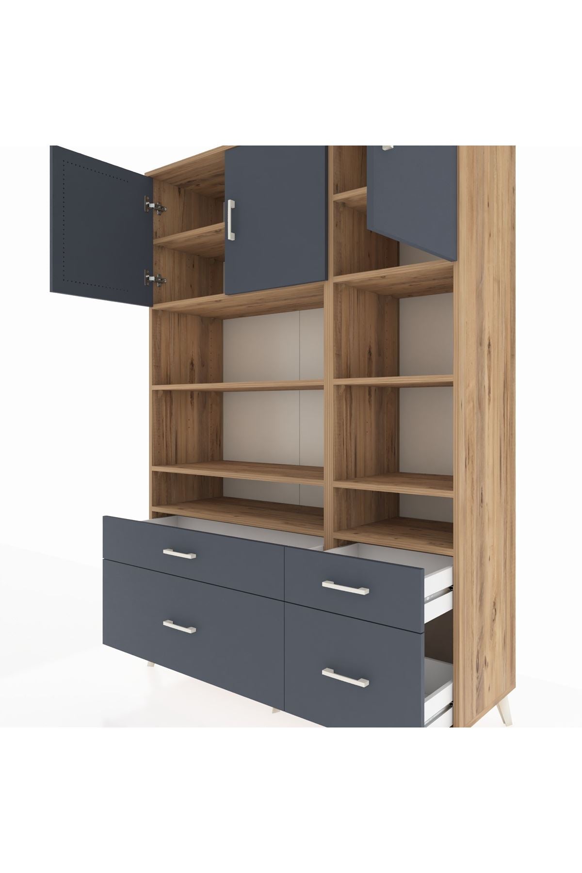 Hyperion Dolap 10 Raflı 4 Çekmeceli 3 Kapaklı 132x44x195 Çam-Antrasit/Antrasit