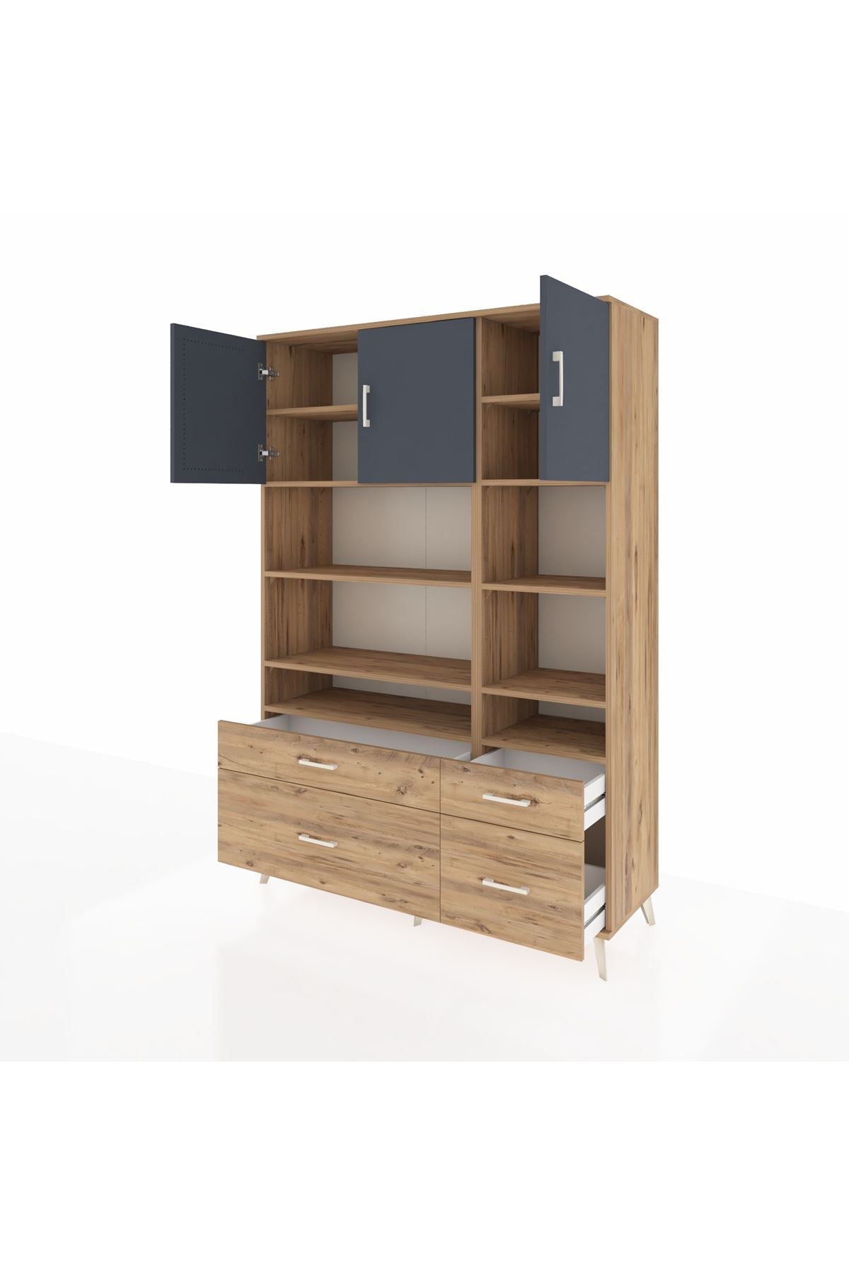 Hyperion Dolap 10 Raflı 4 Çekmeceli 3 Kapaklı 132x44x195 Çam-Antrasit/Çam