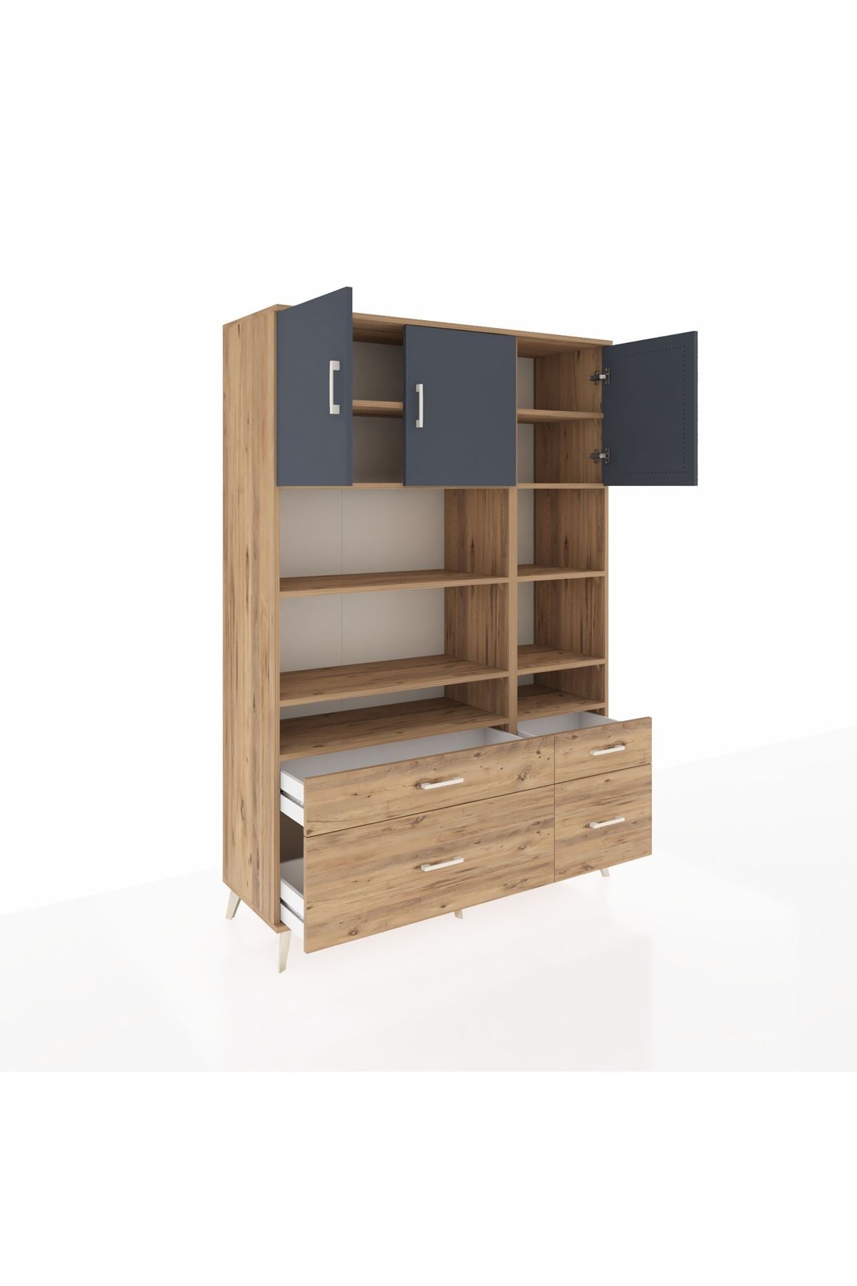 Hyperion Dolap 10 Raflı 4 Çekmeceli 3 Kapaklı 132x44x195 Çam-Antrasit/Çam