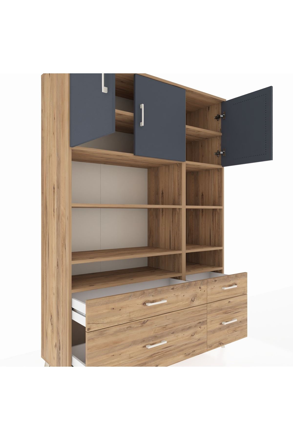 Hyperion Dolap 10 Raflı 4 Çekmeceli 3 Kapaklı 132x44x195 Çam-Antrasit/Çam