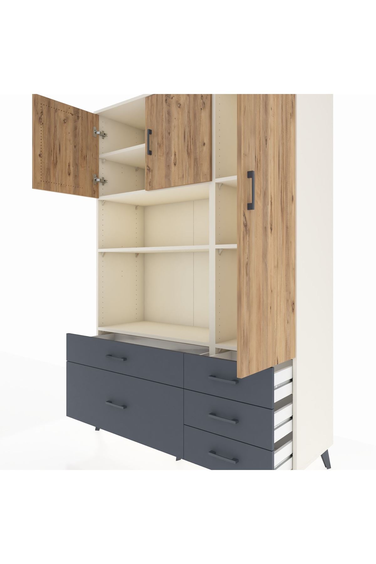 Hyperion Dolap 7 Raflı 5 Çekmeceli 3 Kapaklı 132x44x195 Aytaşı-Çam/Antrasit