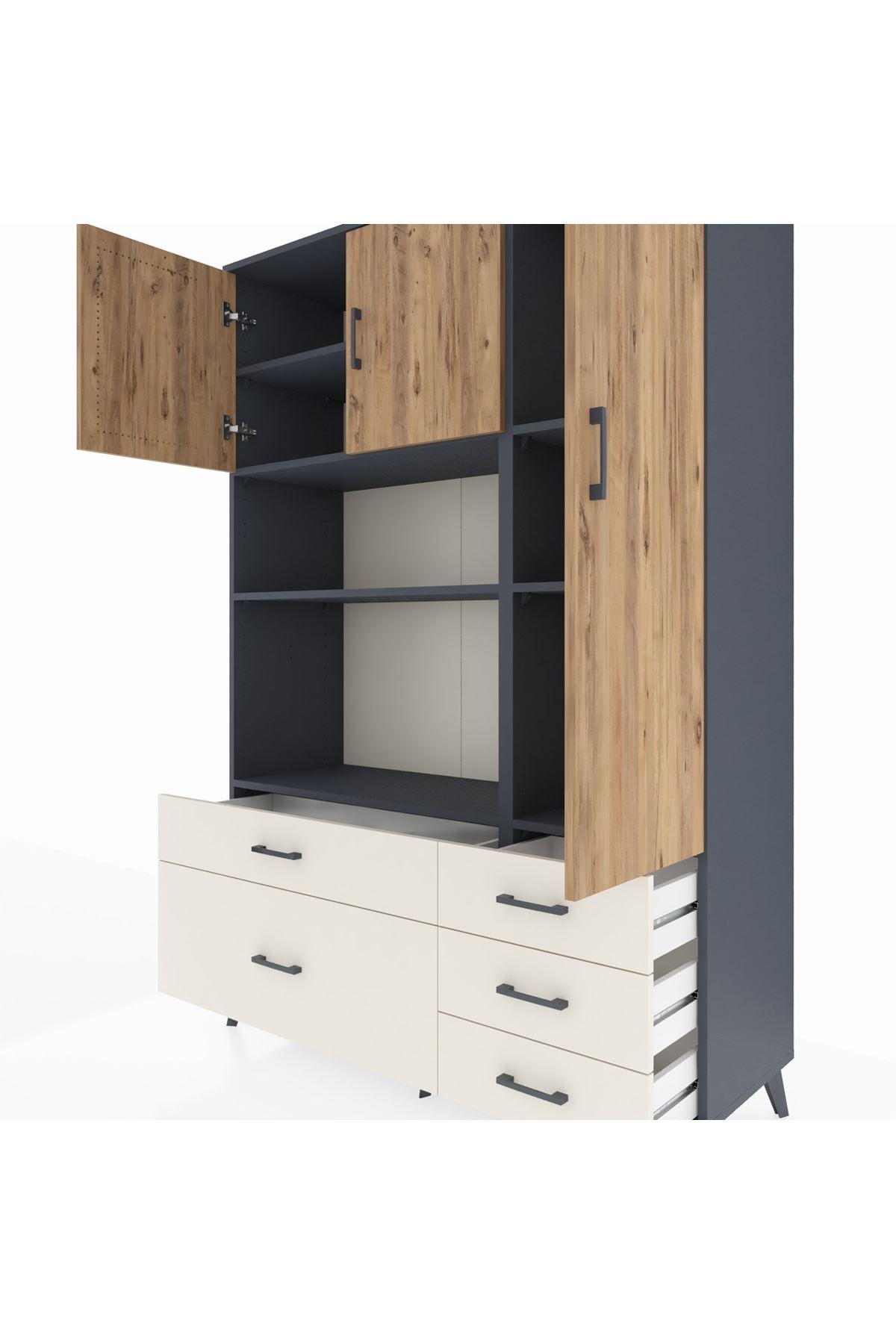 Hyperion Dolap 7 Raflı 5 Çekmeceli 3 Kapaklı 132x44x195 Antrasit-Çam/Aytaşı