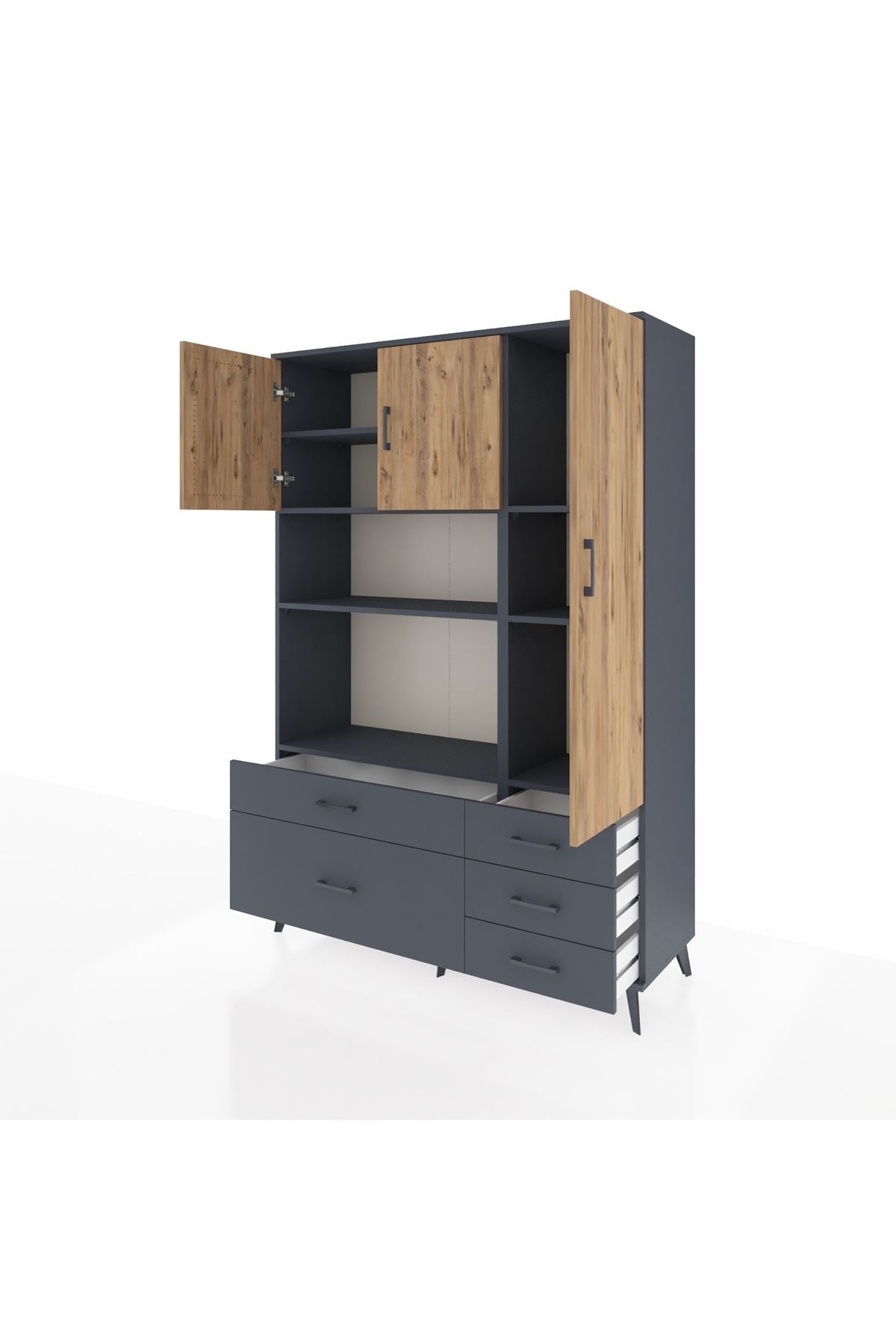 Hyperion Dolap 7 Raflı 5 Çekmeceli 3 Kapaklı 132x44x195 Antrasit-Çam/Antrasit