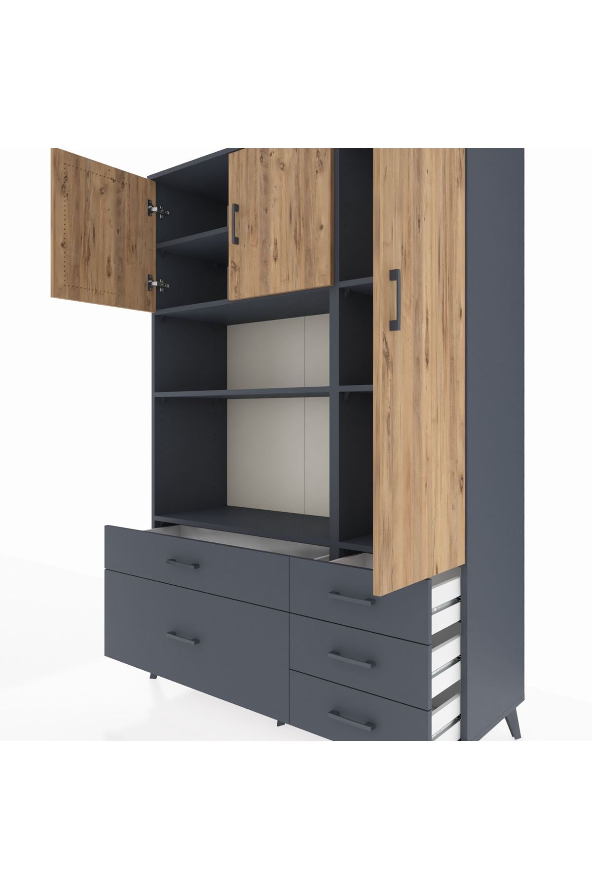 Hyperion Dolap 7 Raflı 5 Çekmeceli 3 Kapaklı 132x44x195 Antrasit-Çam/Antrasit