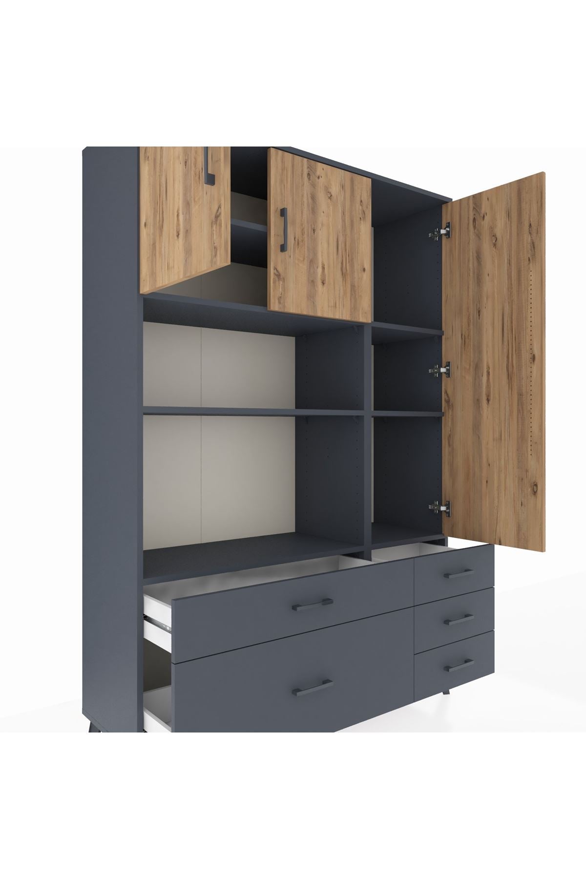 Hyperion Dolap 7 Raflı 5 Çekmeceli 3 Kapaklı 132x44x195 Antrasit-Çam/Antrasit