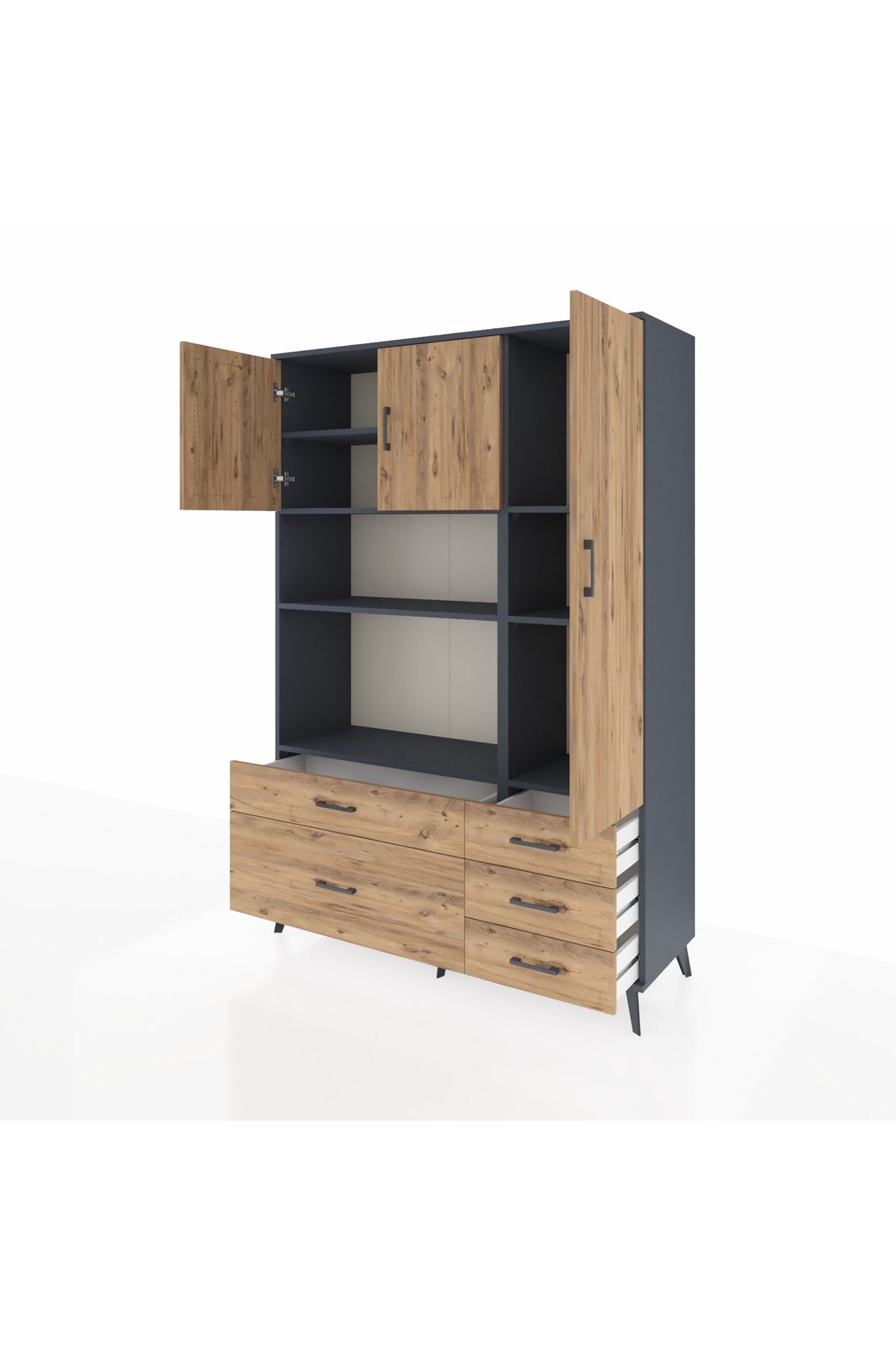 Hyperion Dolap 7 Raflı 5 Çekmeceli 3 Kapaklı 132x44x195 Antrasit-Çam/Çam