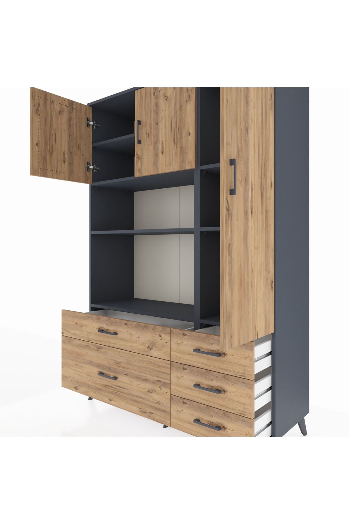 Hyperion Dolap 7 Raflı 5 Çekmeceli 3 Kapaklı 132x44x195 Antrasit-Çam/Çam