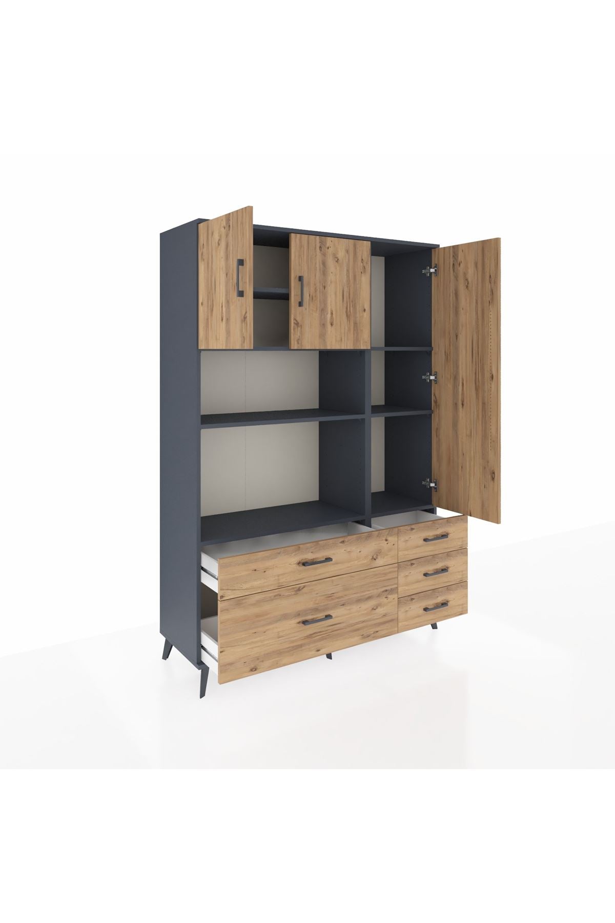 Hyperion Dolap 7 Raflı 5 Çekmeceli 3 Kapaklı 132x44x195 Antrasit-Çam/Çam