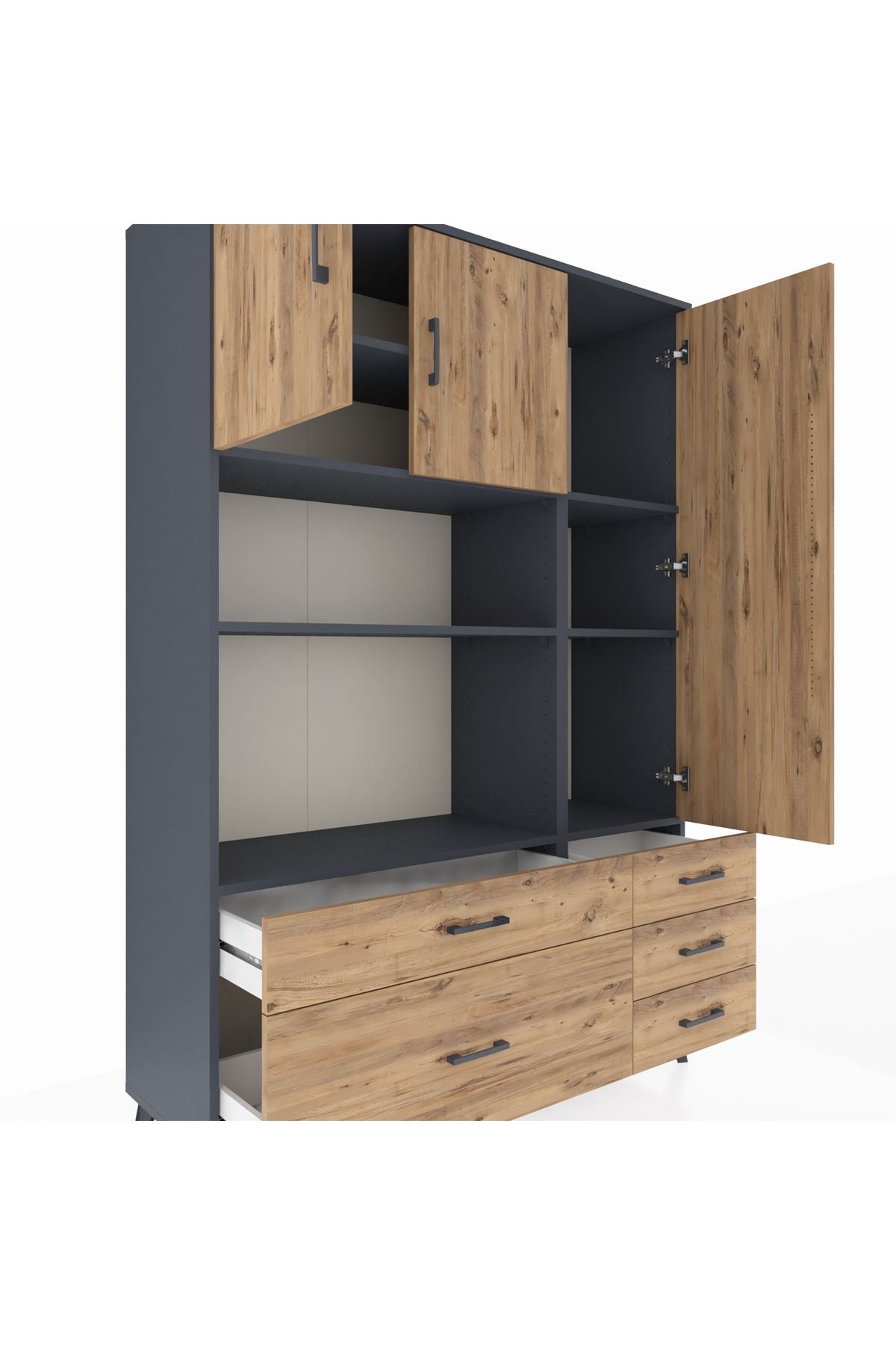 Hyperion Dolap 7 Raflı 5 Çekmeceli 3 Kapaklı 132x44x195 Antrasit-Çam/Çam