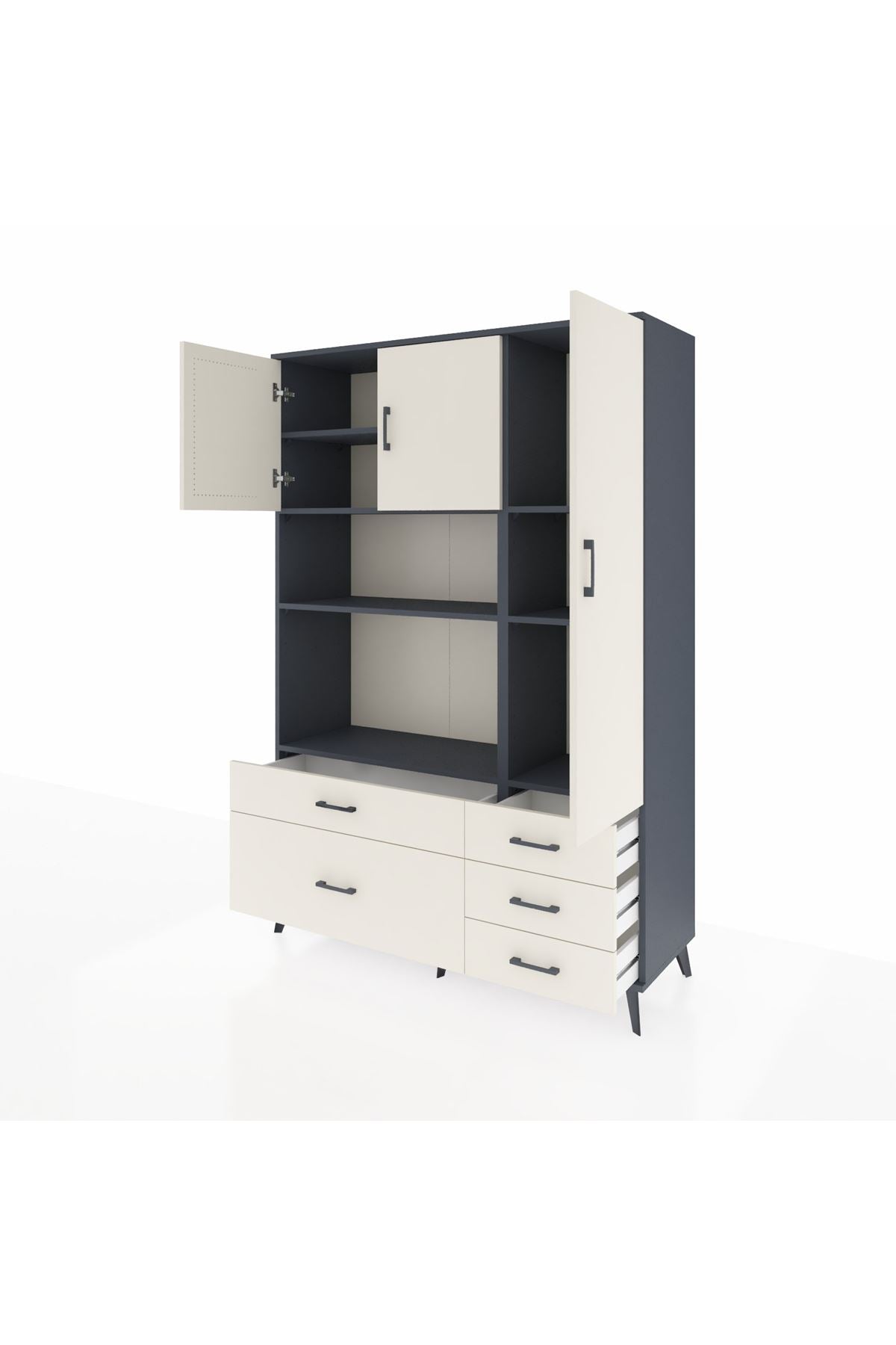 Hyperion Dolap 7 Raflı 5 Çekmeceli 3 Kapaklı 132x44x195 Antrasit-Aytaşı/Aytaşı
