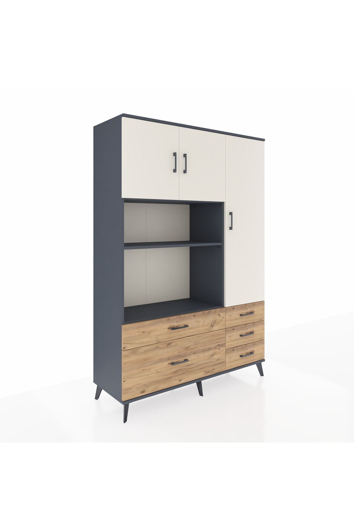 Hyperion Dolap 7 Raflı 5 Çekmeceli 3 Kapaklı 132x44x195 Antrasit-Aytaşı/Çam