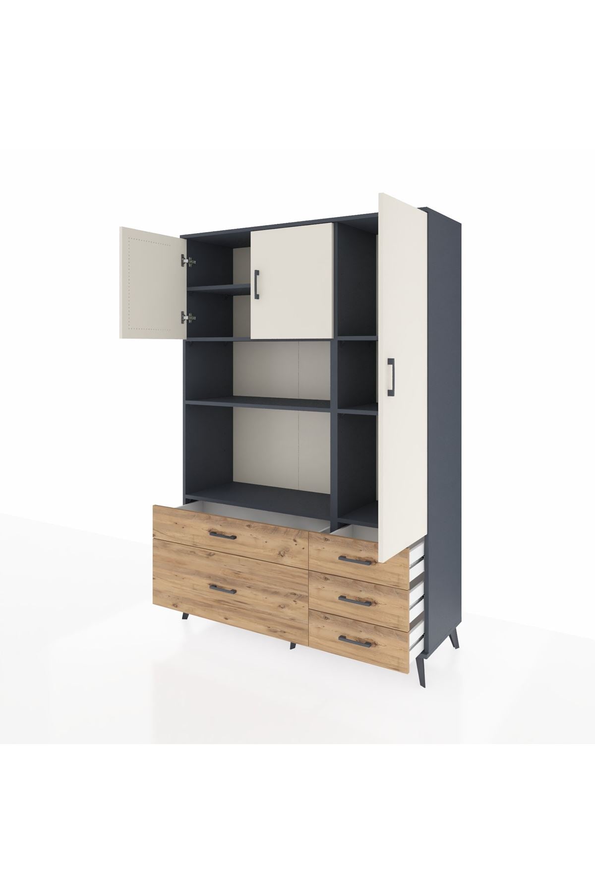 Hyperion Dolap 7 Raflı 5 Çekmeceli 3 Kapaklı 132x44x195 Antrasit-Aytaşı/Çam