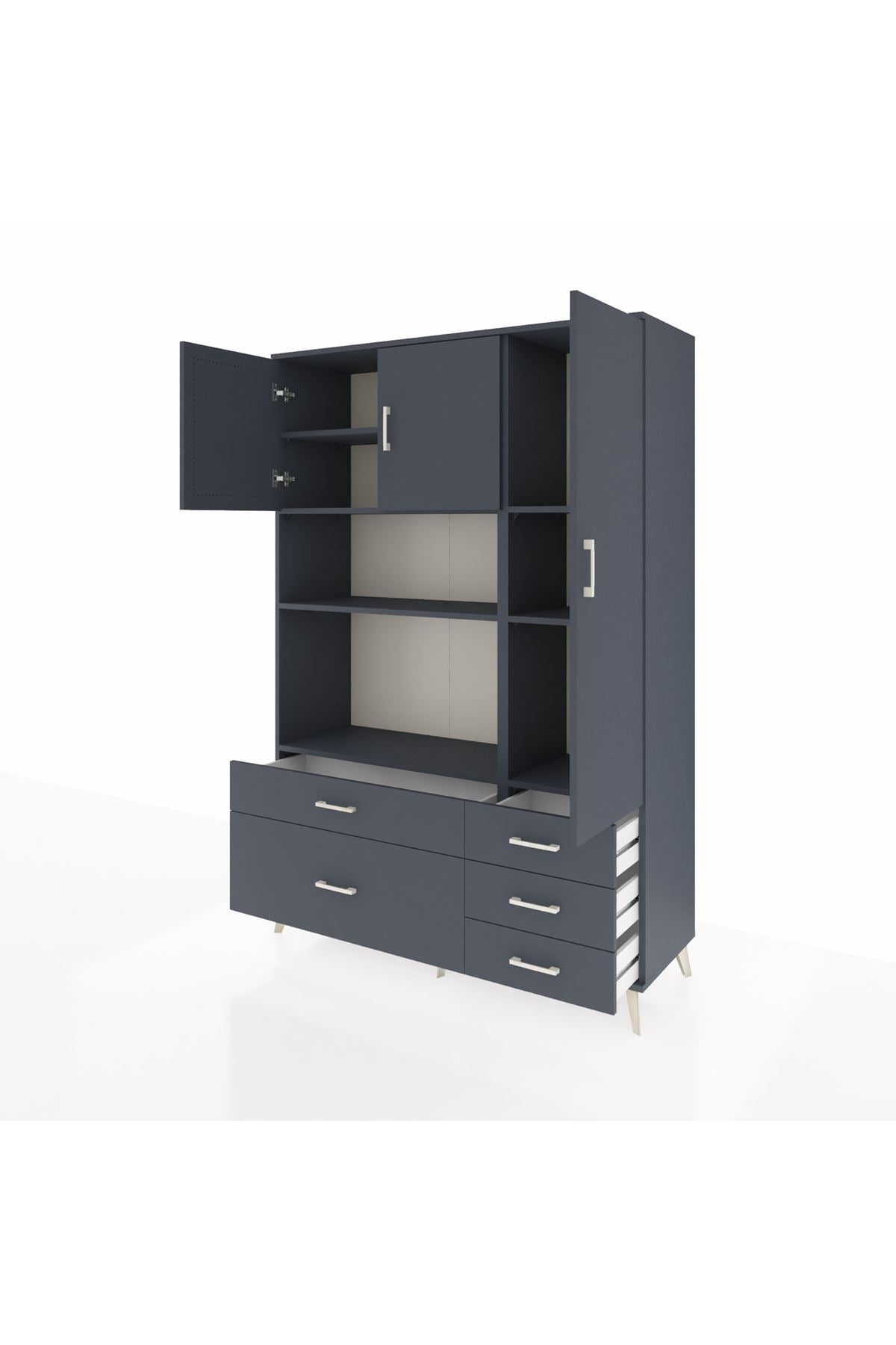 Hyperion Dolap 7 Raflı 5 Çekmeceli 3 Kapaklı 132x44x195 Antrasit-Antrasit/Antrasit