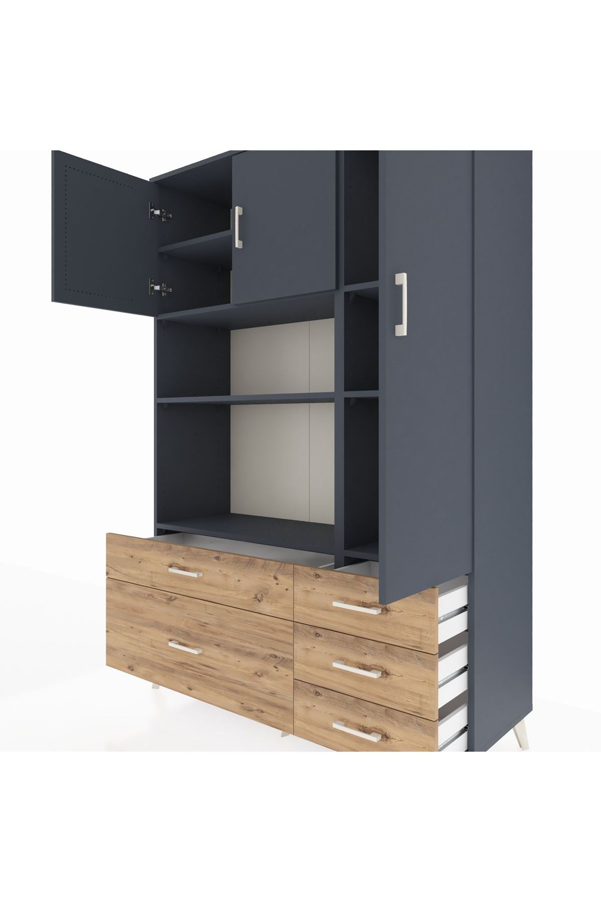 Hyperion Dolap 7 Raflı 5 Çekmeceli 3 Kapaklı 132x44x195 Antrasit-Antrasit/Çam