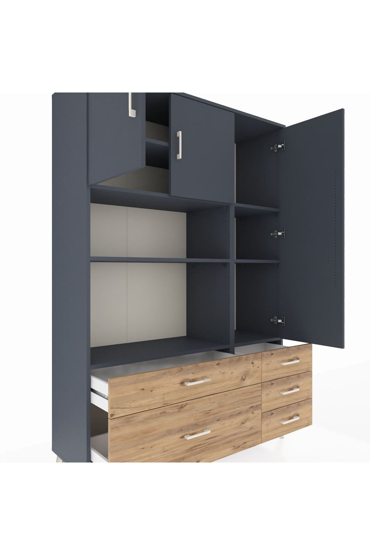 Hyperion Dolap 7 Raflı 5 Çekmeceli 3 Kapaklı 132x44x195 Antrasit-Antrasit/Çam