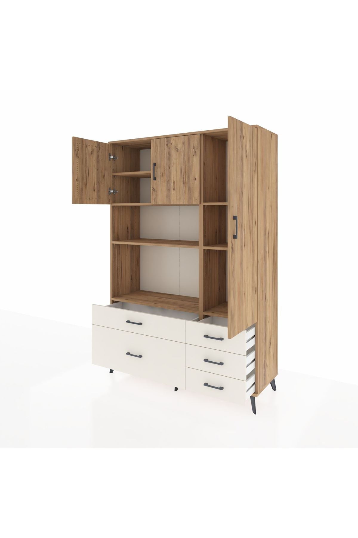 Hyperion Dolap 7 Raflı 5 Çekmeceli 3 Kapaklı 132x44x195 Çam-Çam/Aytaşı