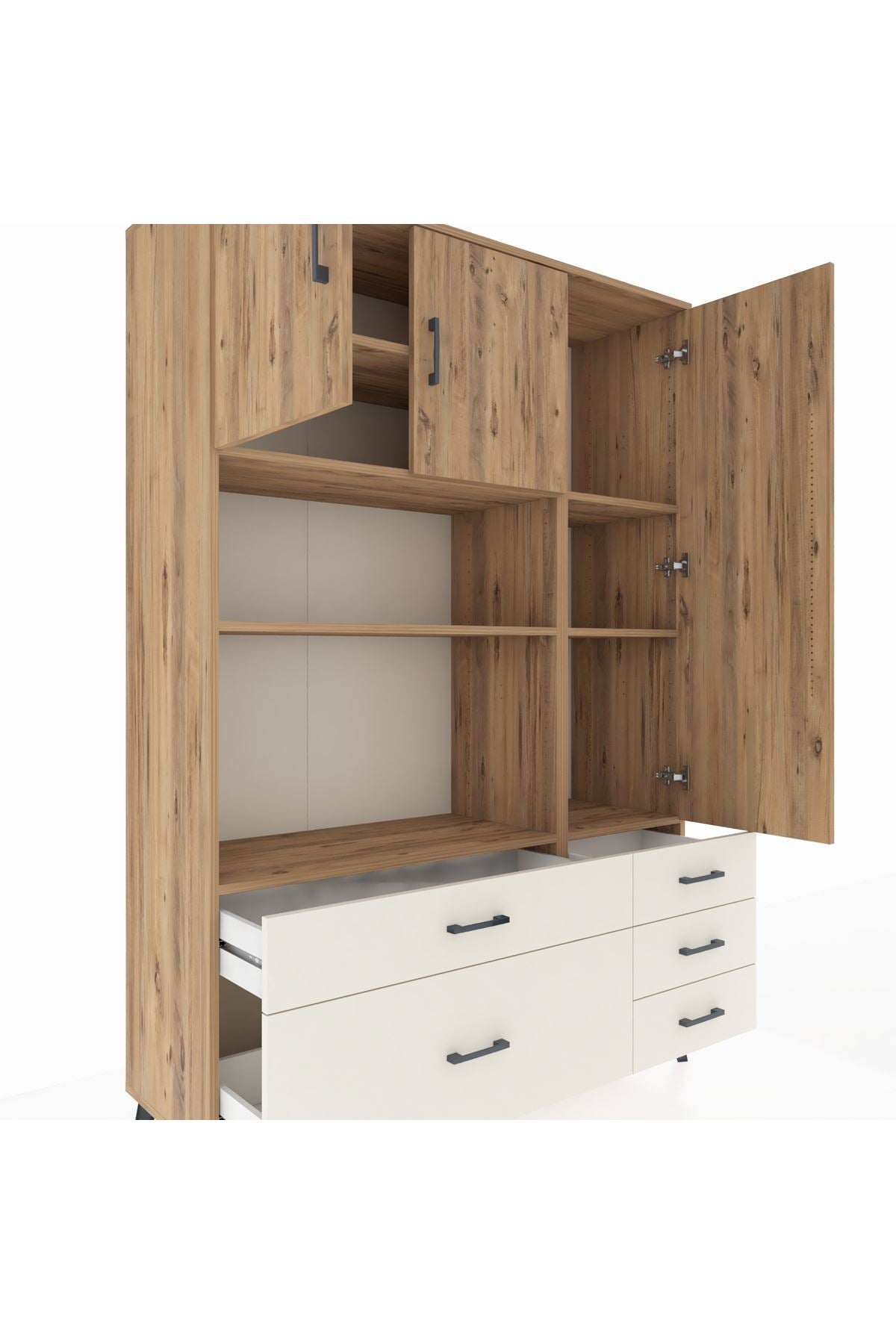Hyperion Dolap 7 Raflı 5 Çekmeceli 3 Kapaklı 132x44x195 Çam-Çam/Aytaşı