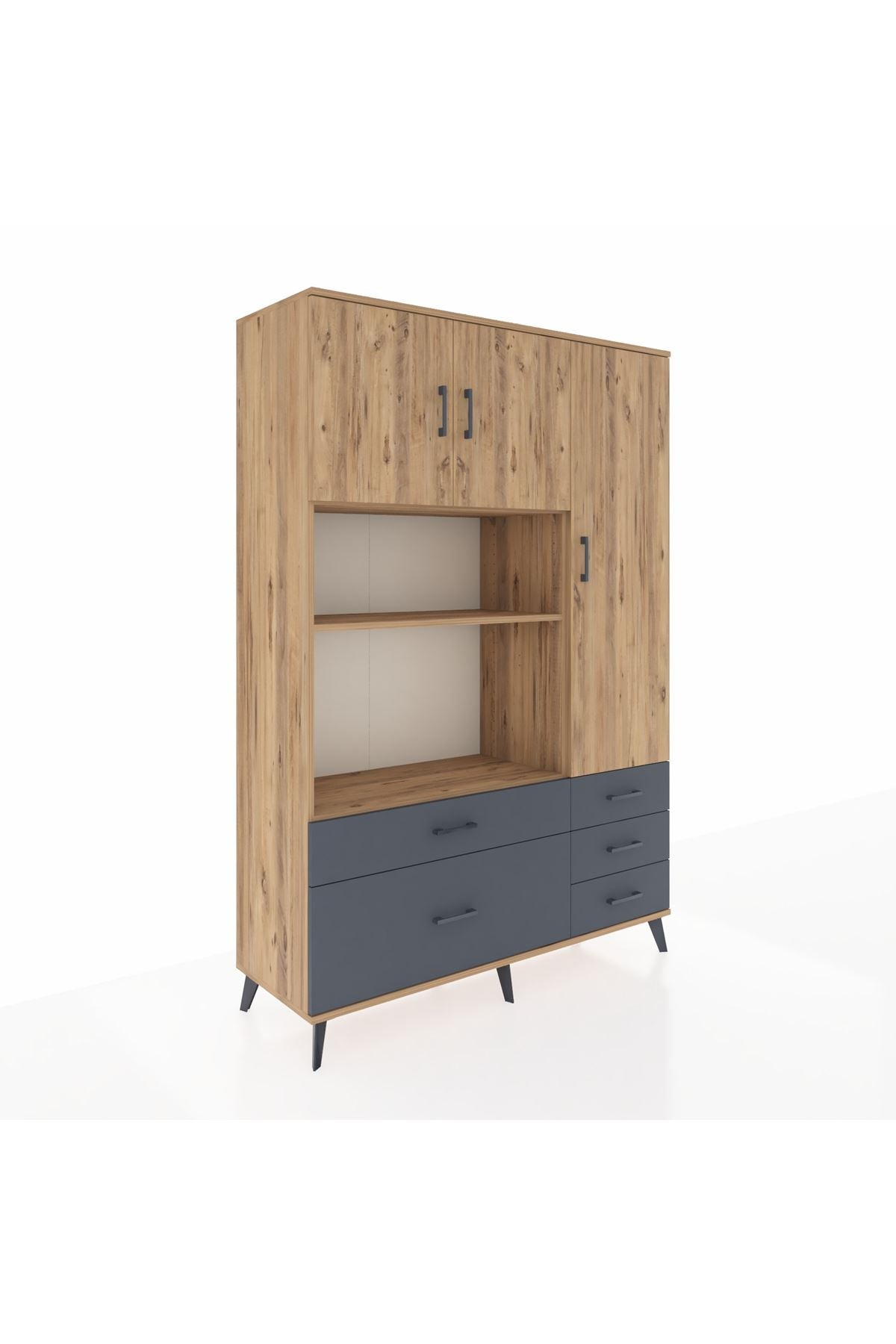 Hyperion Dolap 7 Raflı 5 Çekmeceli 3 Kapaklı 132x44x195 Çam-Çam/Antrasit