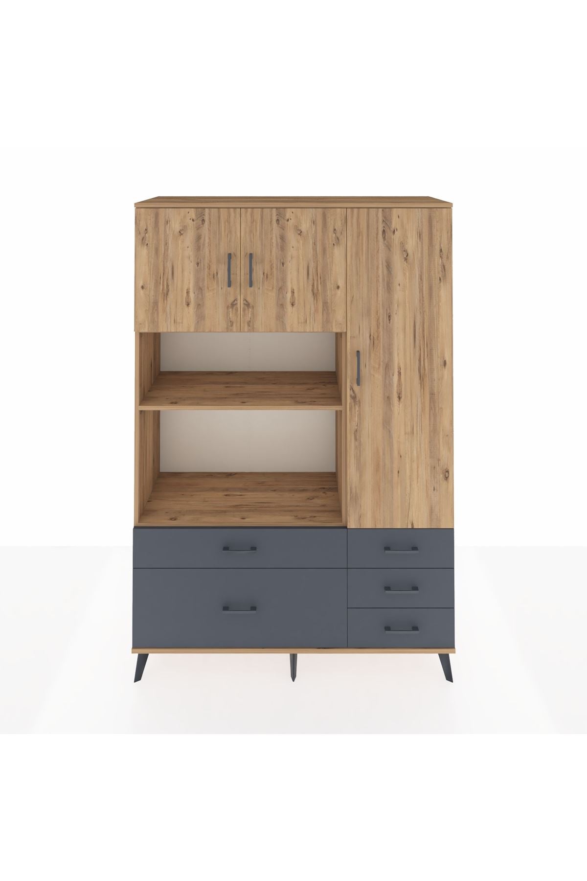 Hyperion Dolap 7 Raflı 5 Çekmeceli 3 Kapaklı 132x44x195 Çam-Çam/Antrasit