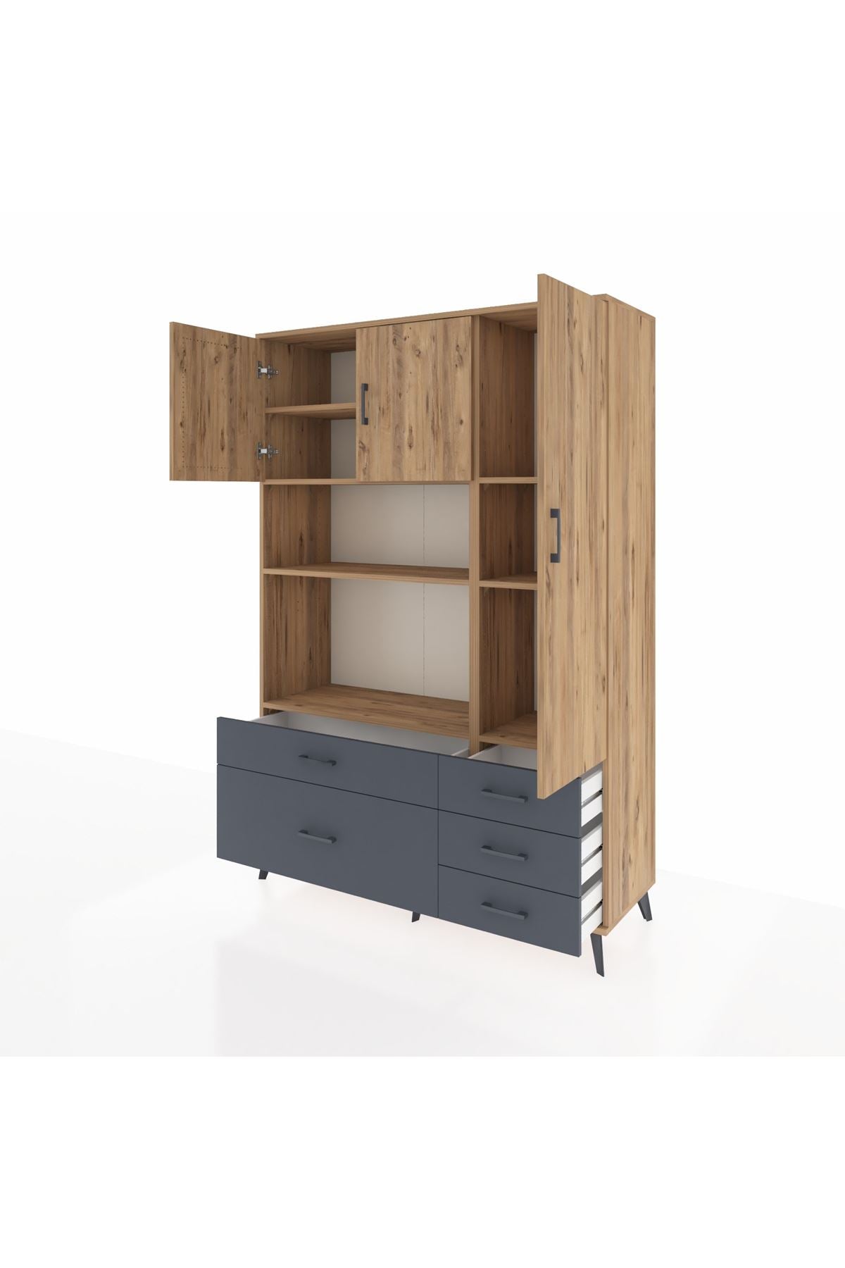 Hyperion Dolap 7 Raflı 5 Çekmeceli 3 Kapaklı 132x44x195 Çam-Çam/Antrasit