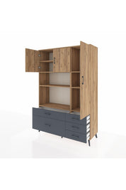 Hyperion Dolap 7 Raflı 5 Çekmeceli 3 Kapaklı 132x44x195 Çam-Çam/Antrasit