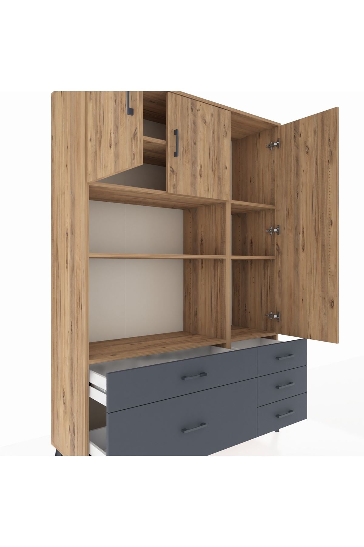 Hyperion Dolap 7 Raflı 5 Çekmeceli 3 Kapaklı 132x44x195 Çam-Çam/Antrasit