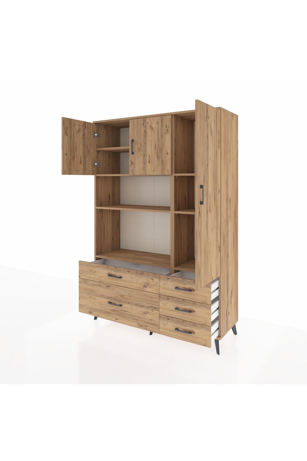 Hyperion Dolap 7 Raflı 5 Çekmeceli 3 Kapaklı 132x44x195 Çam-Çam/Çam