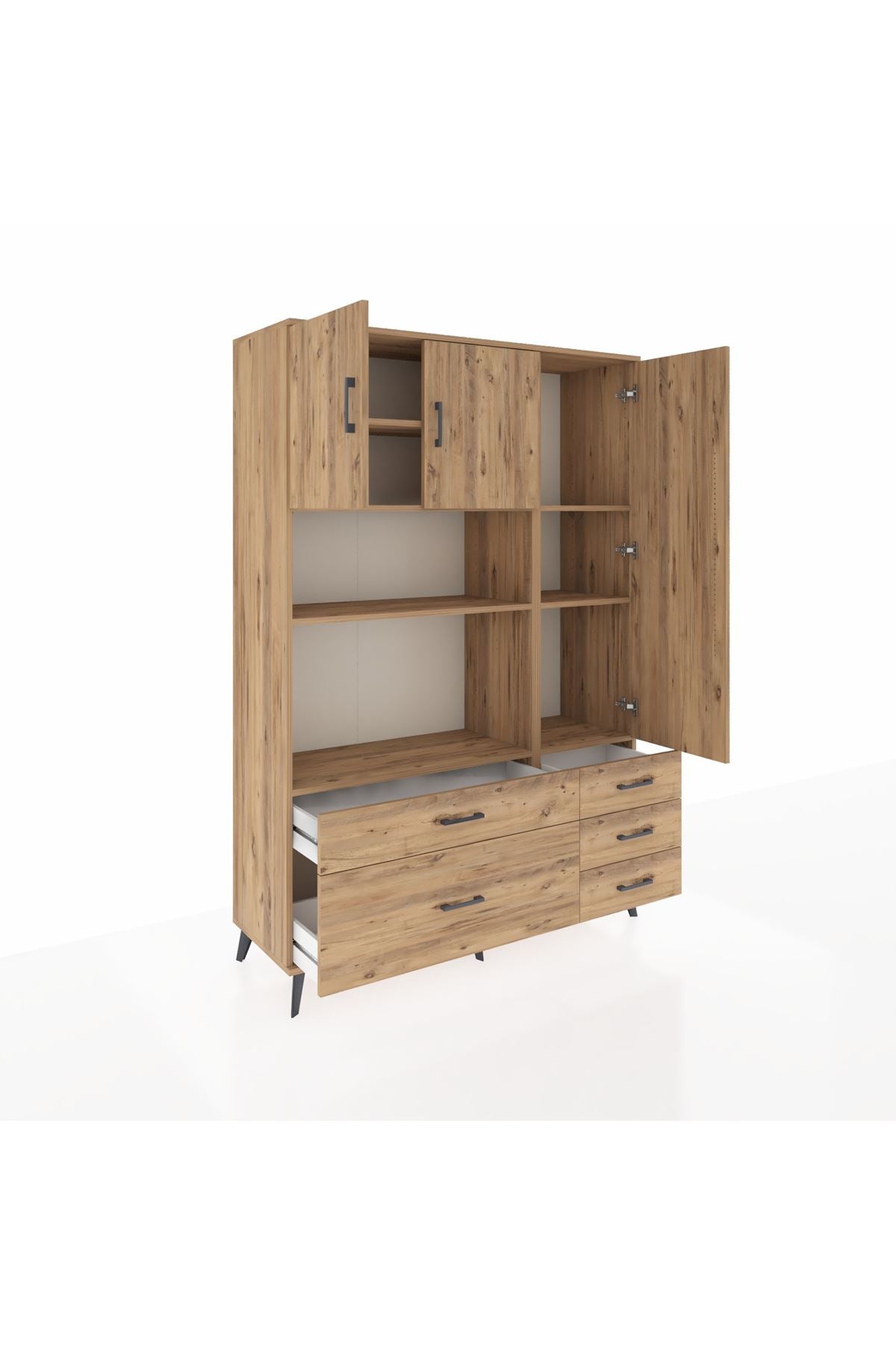 Hyperion Dolap 7 Raflı 5 Çekmeceli 3 Kapaklı 132x44x195 Çam-Çam/Çam