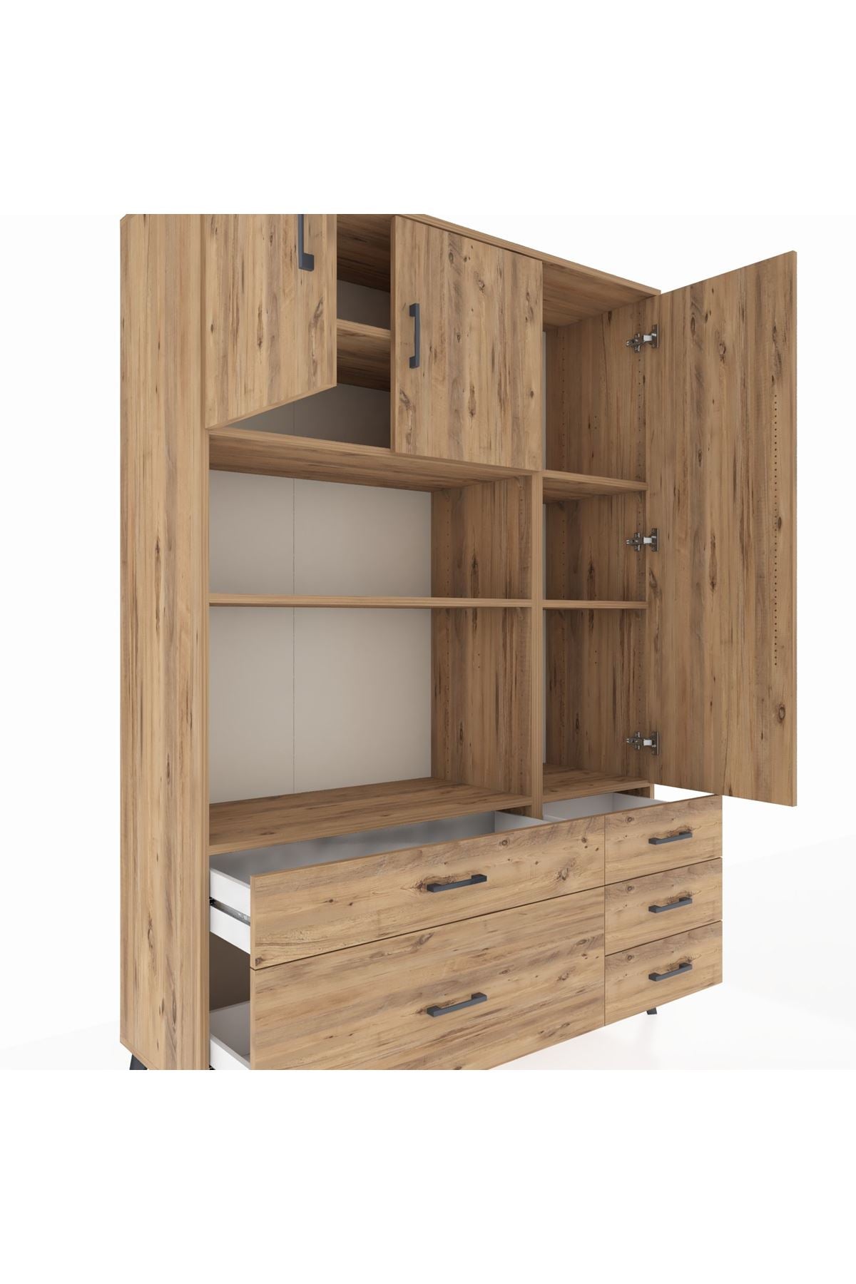 Hyperion Dolap 7 Raflı 5 Çekmeceli 3 Kapaklı 132x44x195 Çam-Çam/Çam