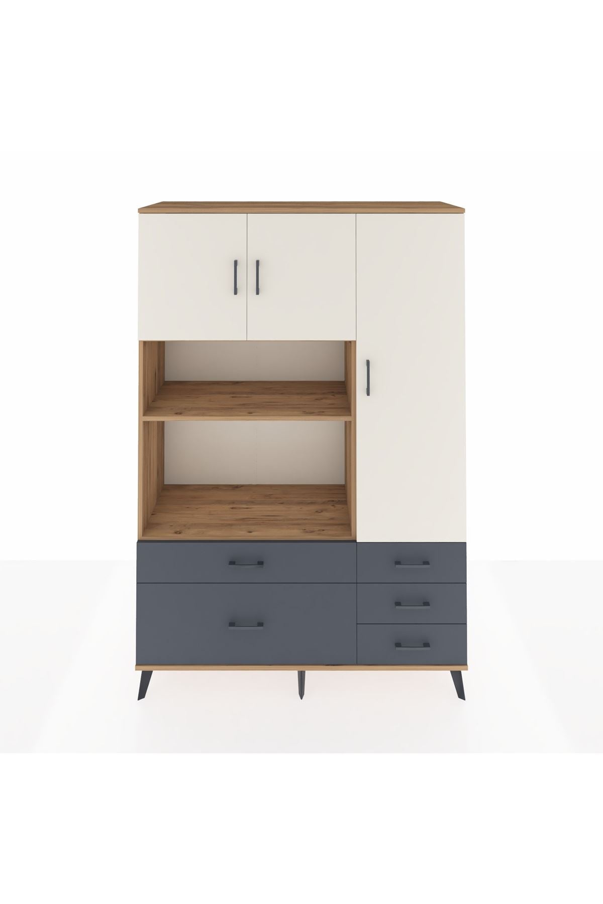 Hyperion Dolap 7 Raflı 5 Çekmeceli 3 Kapaklı 132x44x195 Çam-Aytaşı/Antrasit