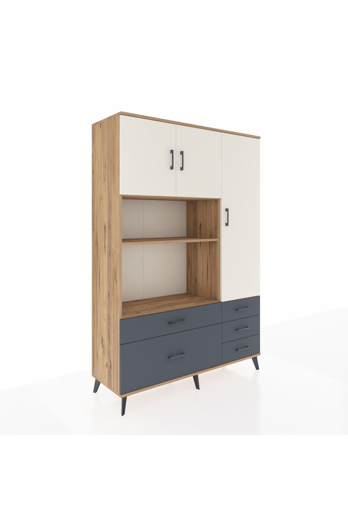 Hyperion Dolap 7 Raflı 5 Çekmeceli 3 Kapaklı 132x44x195 Çam-Aytaşı/Antrasit