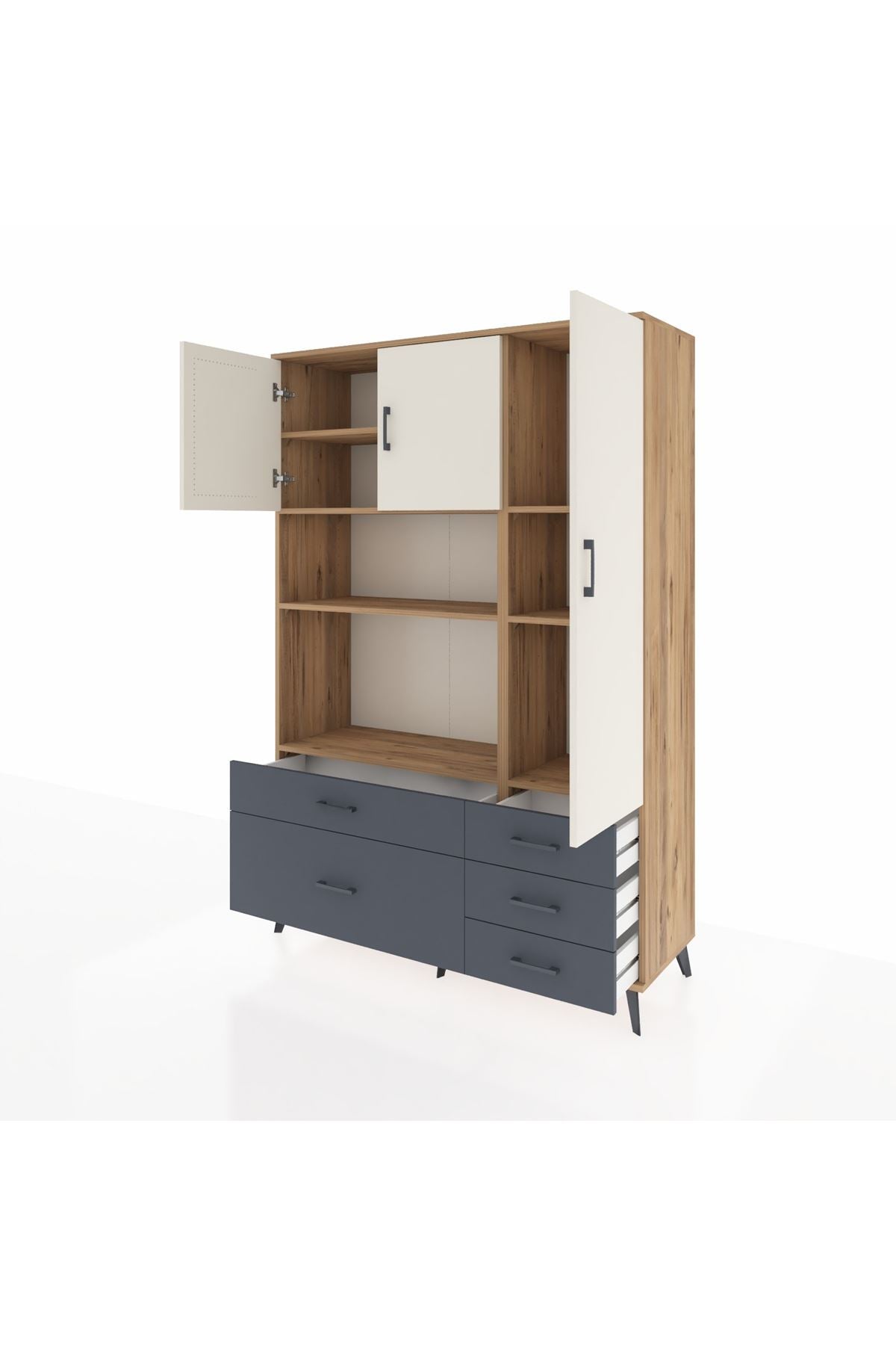 Hyperion Dolap 7 Raflı 5 Çekmeceli 3 Kapaklı 132x44x195 Çam-Aytaşı/Antrasit